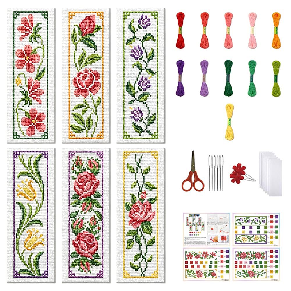 FREEBLOSS 6 Set 11CT Cross Stitch Bookmark Kit 8"x2.4" Vine Flowers