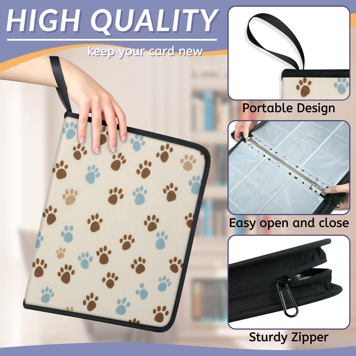 Mexpekil Raccoglitore per carte con zampa di cane, marrone, blu, 9 tasche con 50 pagine a caricamento laterale, per 900 carte, con cerniera, impermeabile, porta carte
