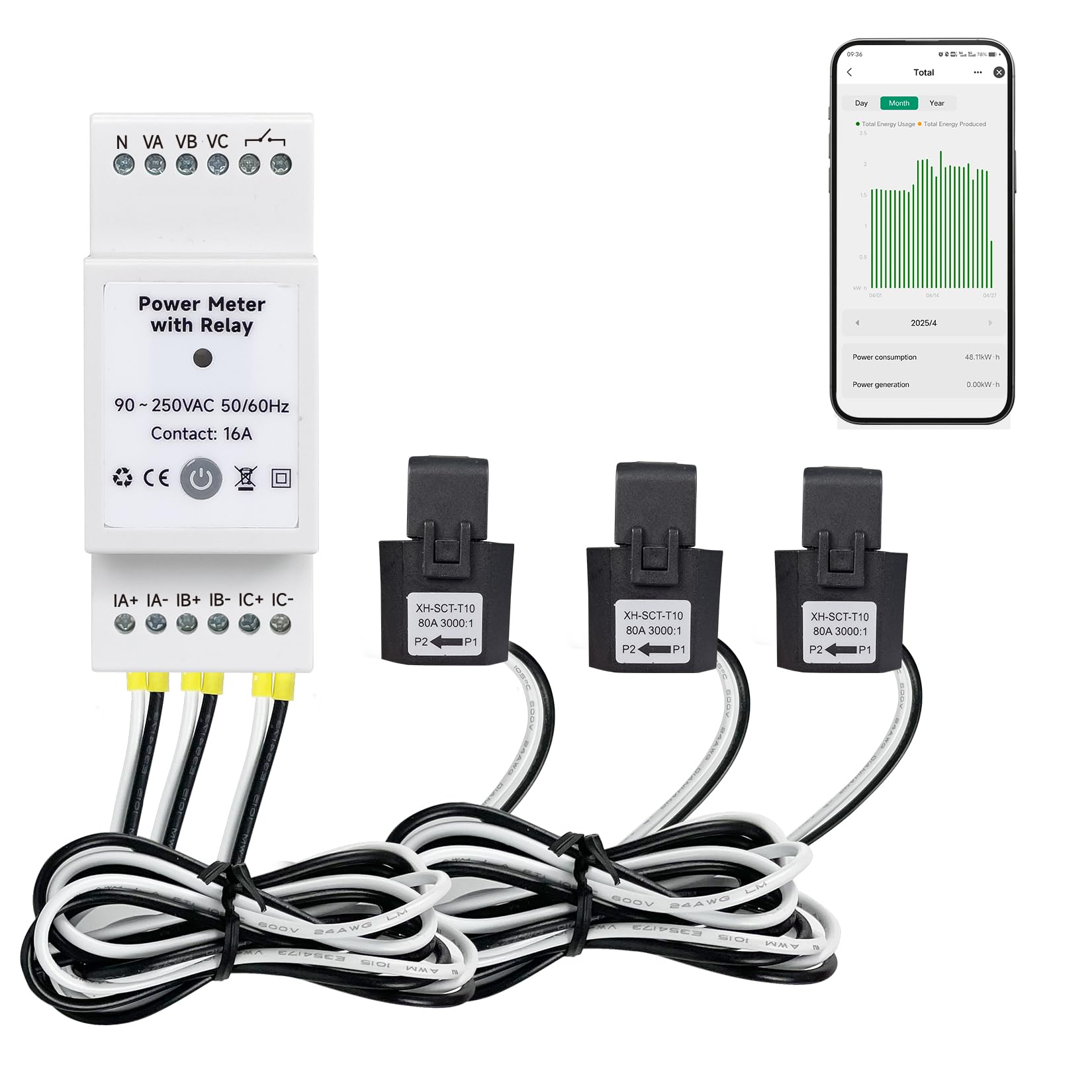 Monitor de potencia de riel DIN WiFi Tuya, 80A bidireccional, monofásico/3-fases, voltaje y corriente en tiempo real, control por Alexa y Google, protección contra sobrecargas