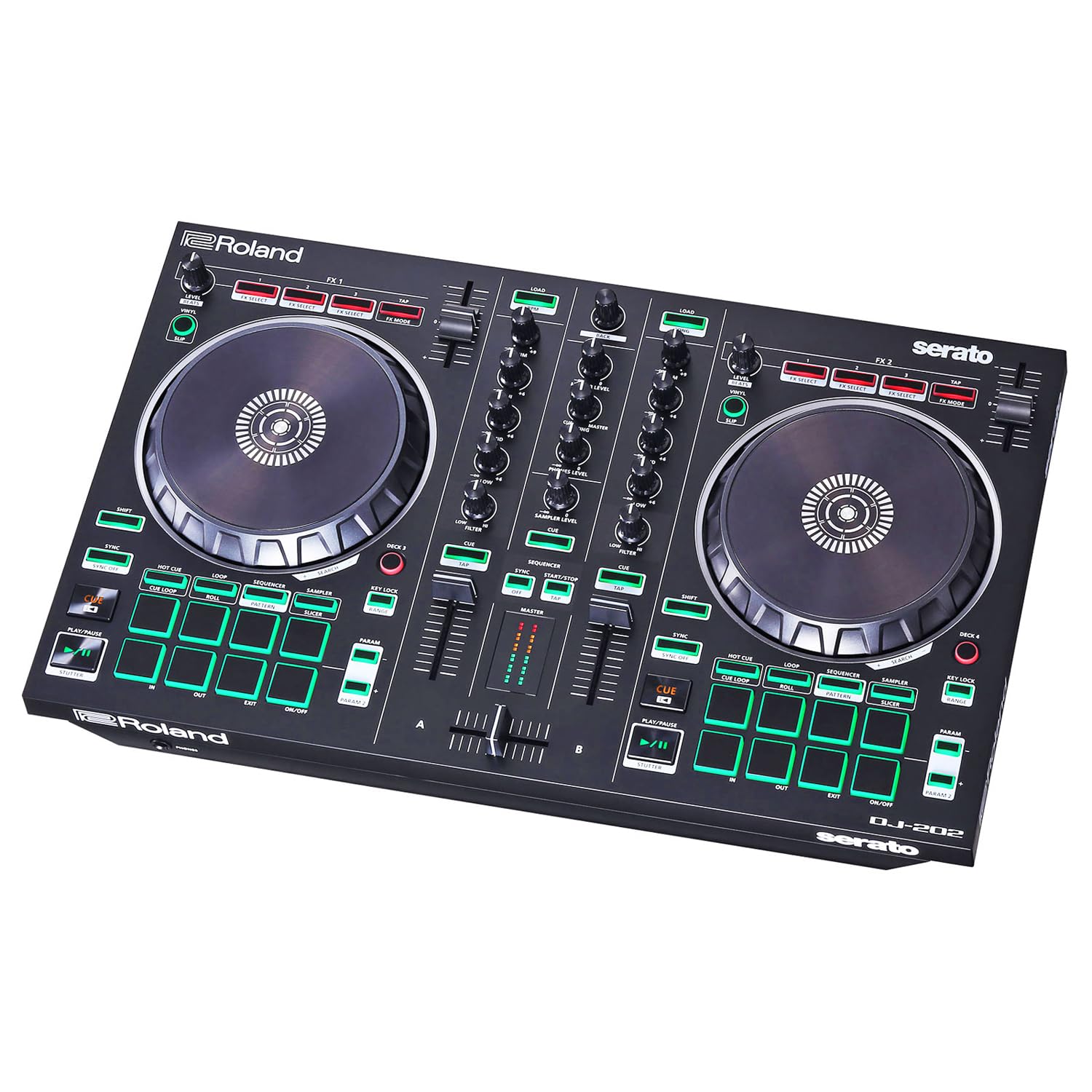 Roland DJ-202 2-Kanal 4-Deck USB-DJ-Controller mit keepdrum Laptopständer Silber