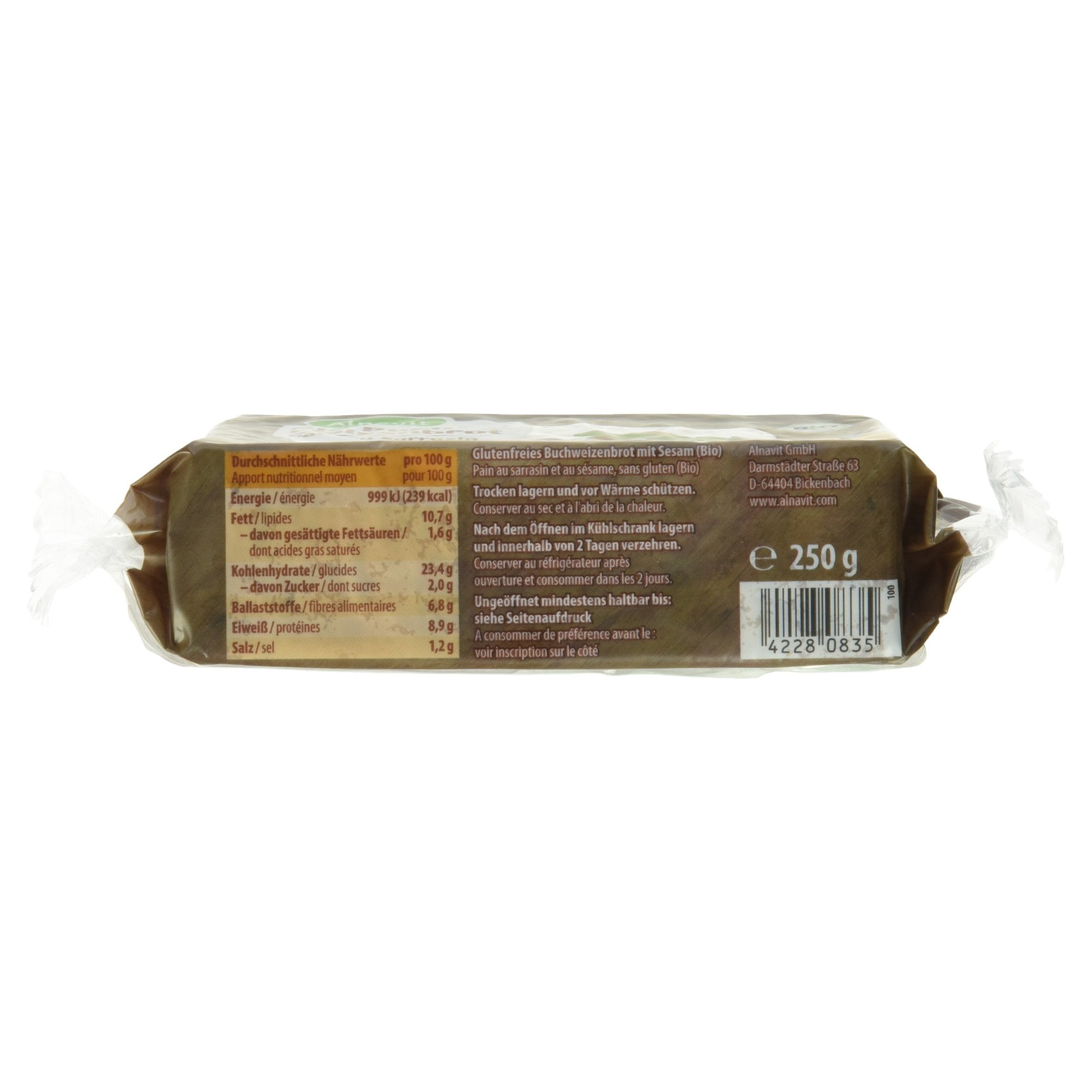 Alnavit Bio Buchweizenbrot, glutenfrei, laktosefrei, 6er Pack (6 x 250 g)