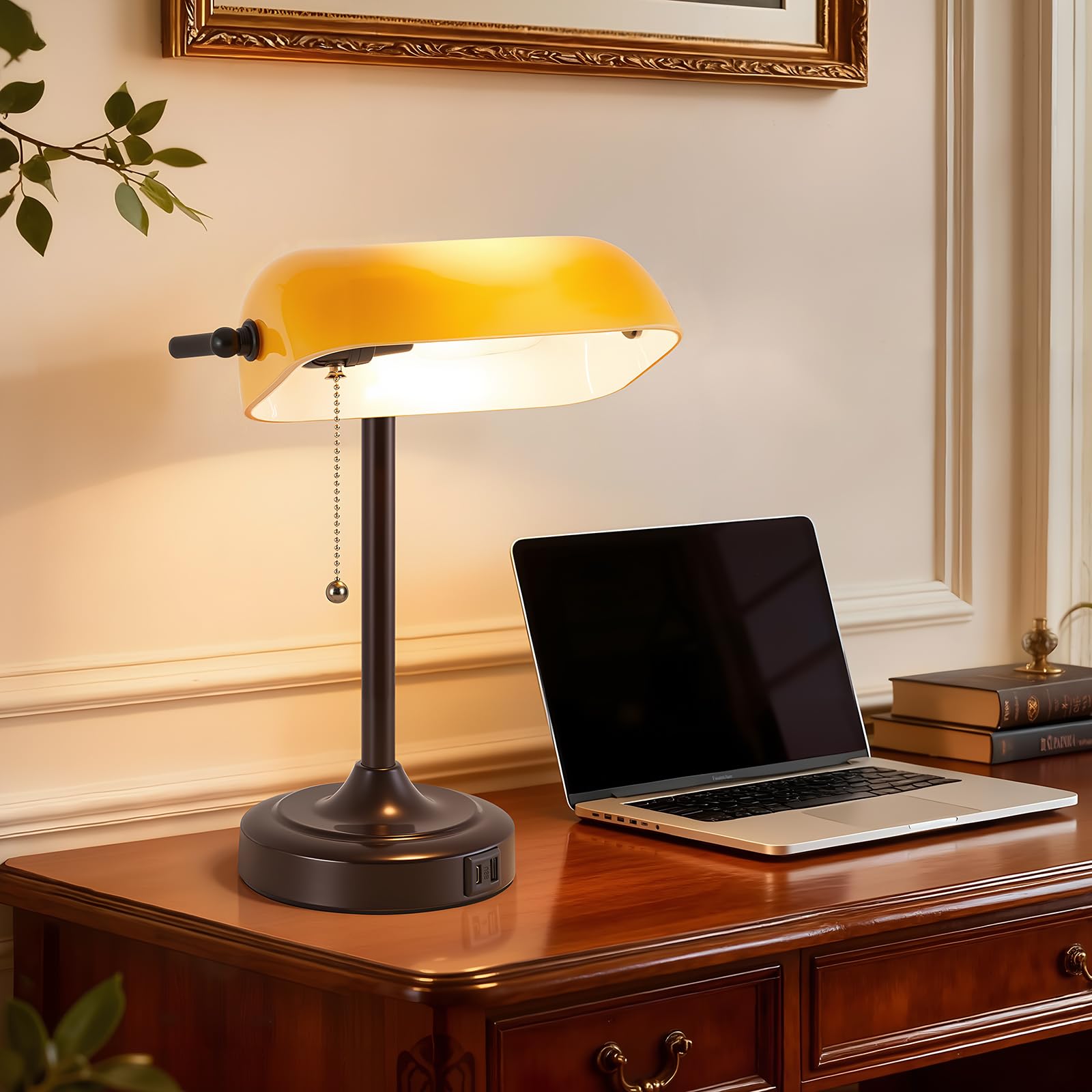 EJIAXIN Vintage Tischlampe für Banker - Retro Schreibtischlampe mit USB und Typ C Ladeanschlüssen mit Zugkettenschalter für Bibliothek, Tischlampe für Schreibtisch