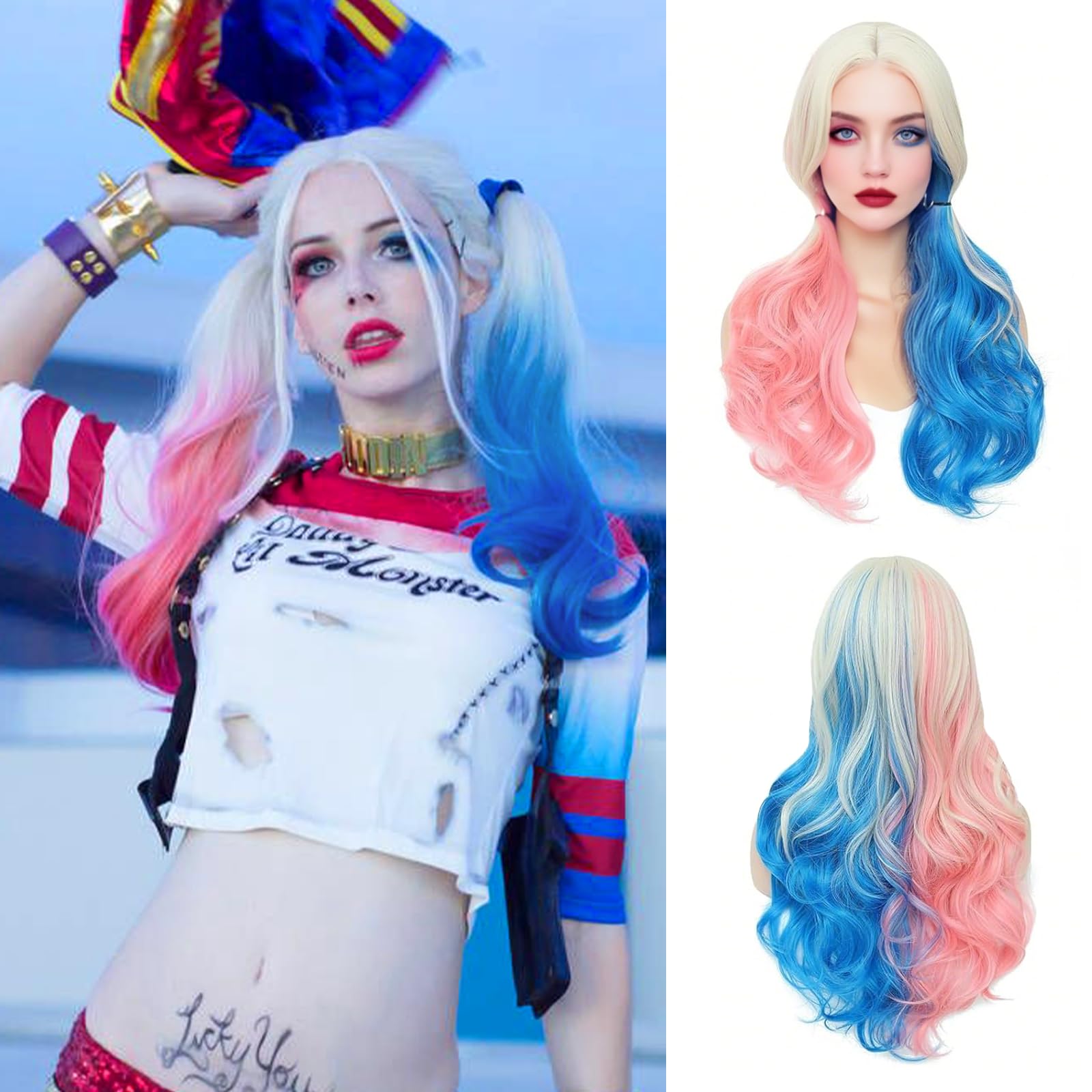 Pink and Blue Wig Cosplay Wig Long Wavy Wigs for Women Middle Part Wig 26  inch Natural Curly Synthetic Heat Resistant Fiber Wigs for Cosplay Halloween