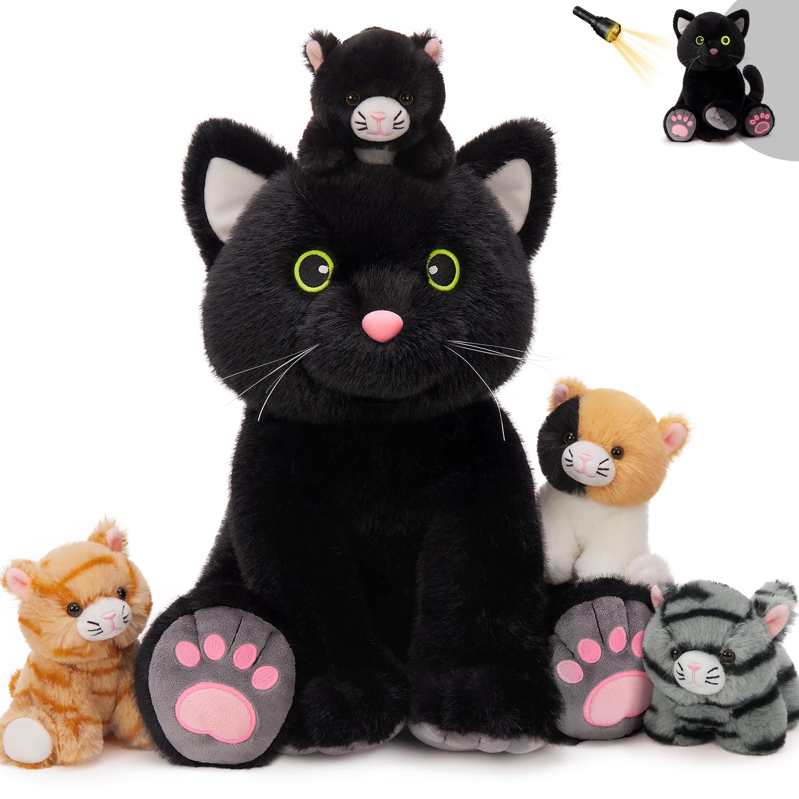 MorisMos Black Cat Plushies Large, 40 cm Mom with 4 Kawaii Kittens Babies, Realistic Soft Giant Plush Toy Gifts for Girls, Boys, Birthday Christmas Deco