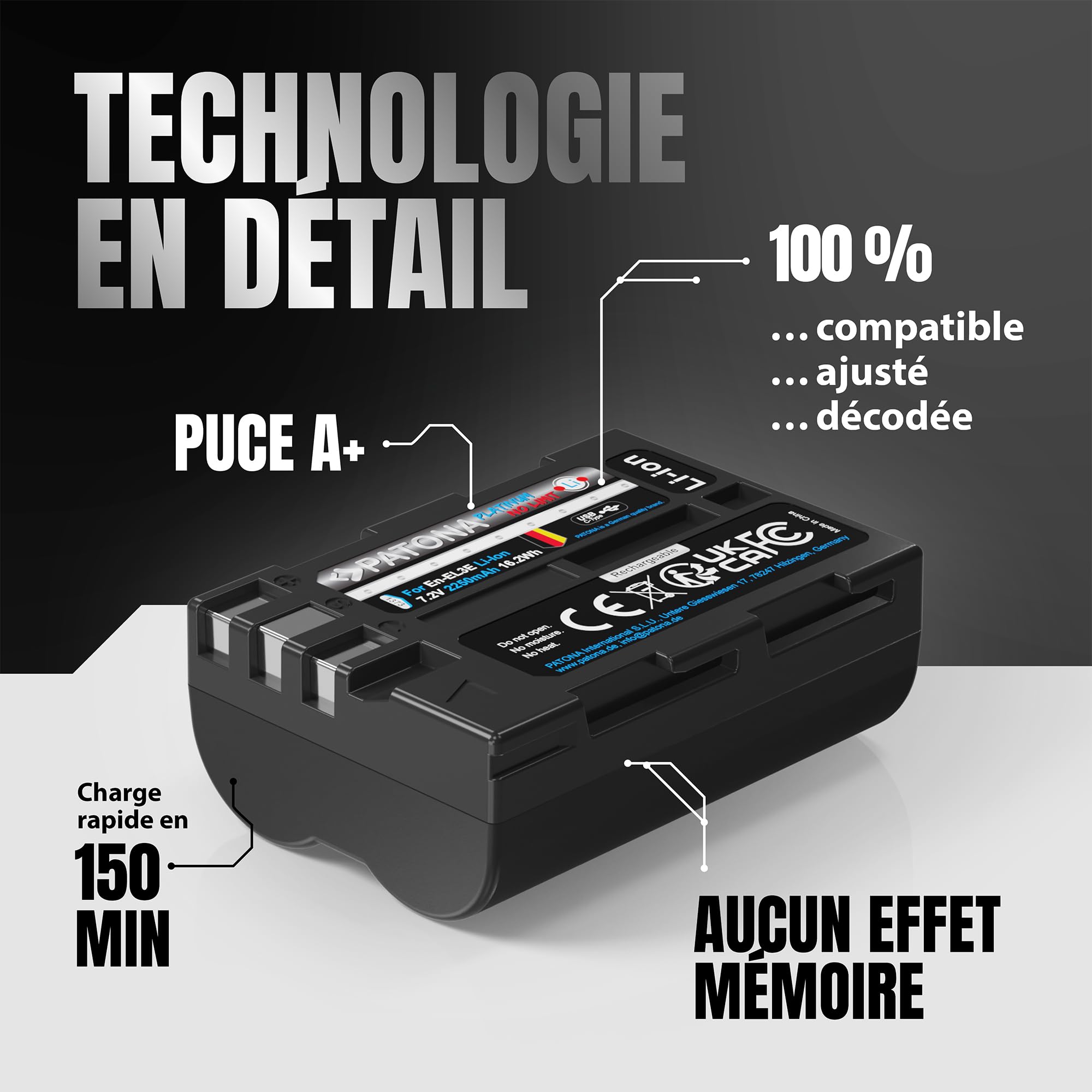 PATONA Platinum Lot de 2 Batteries EN-EL3E 2250 mAh USB-C pour Nikon