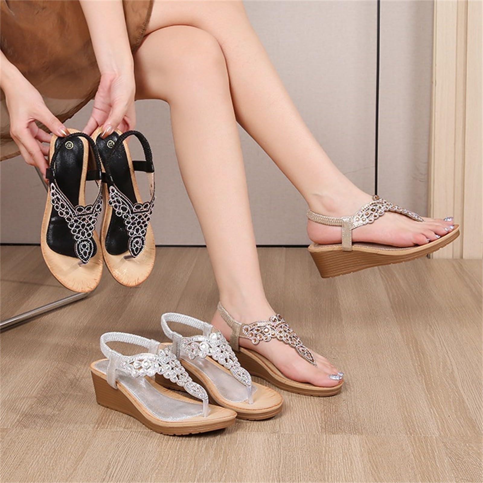 Sandalo Zeppa Donna Scarpe Eleganti Basse Sandali da donna nuovi estivi comodi e alla retrò stile etnico leggero spiaggia vacanza tacco elastico fondo Sandali Con Tacco Sandalo Estivo Elegante