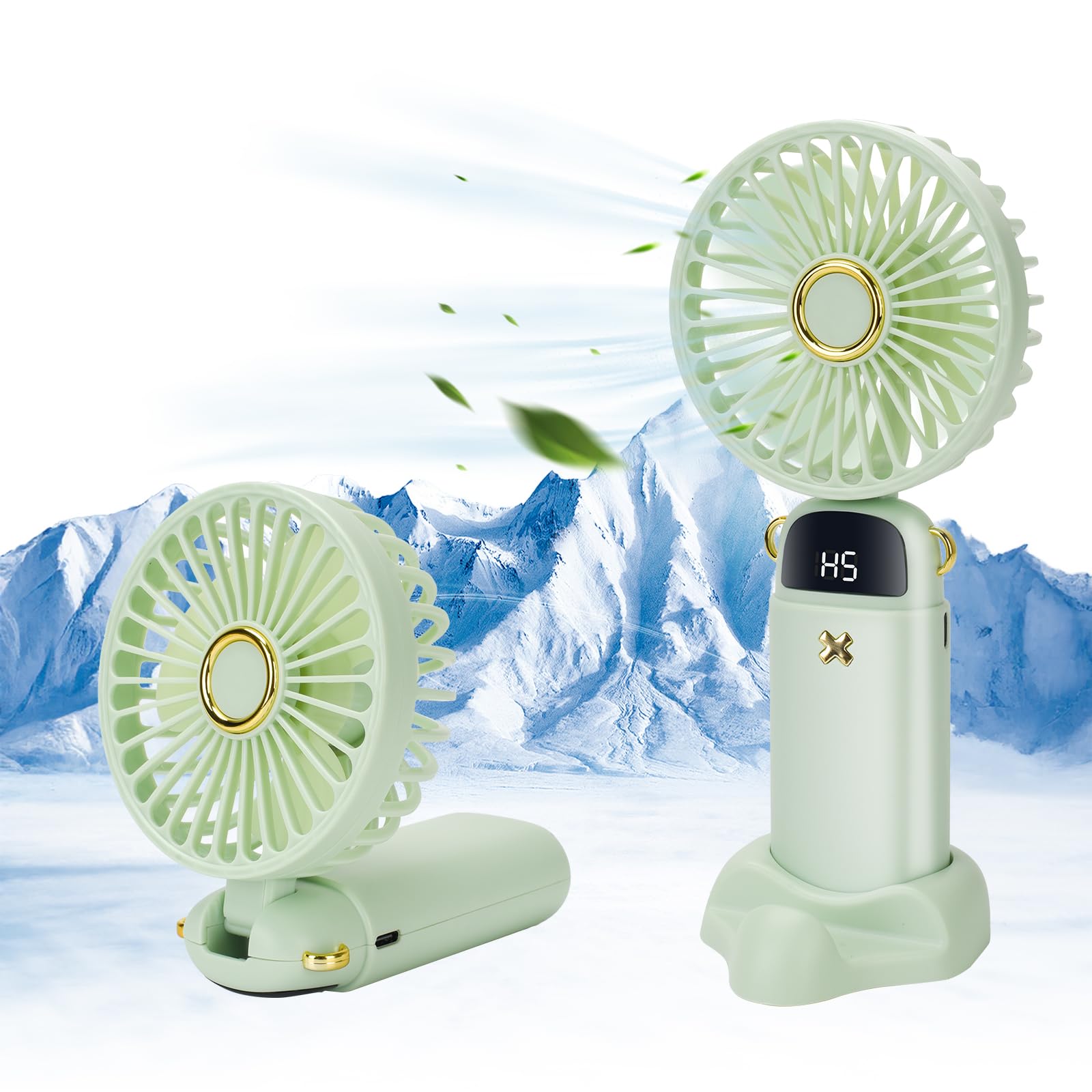 SENTAIMAO Hand Held Fan,Portable Handheld USB Rechargeable Fans with 5 Speeds,Foldable Desk Desktop Fans with LED Battery Operated Mini Fan Display for Home Office Bedroom Outdoor Travel (green)