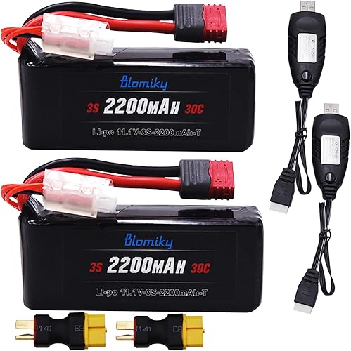 Blomiky Paquete de 2 baterías recargables de 11.1V 3S 2200mAh 30C Shorty Li-PO con convertidor XT60 adecuado para MJX HP141 14209 14210 14301 14302