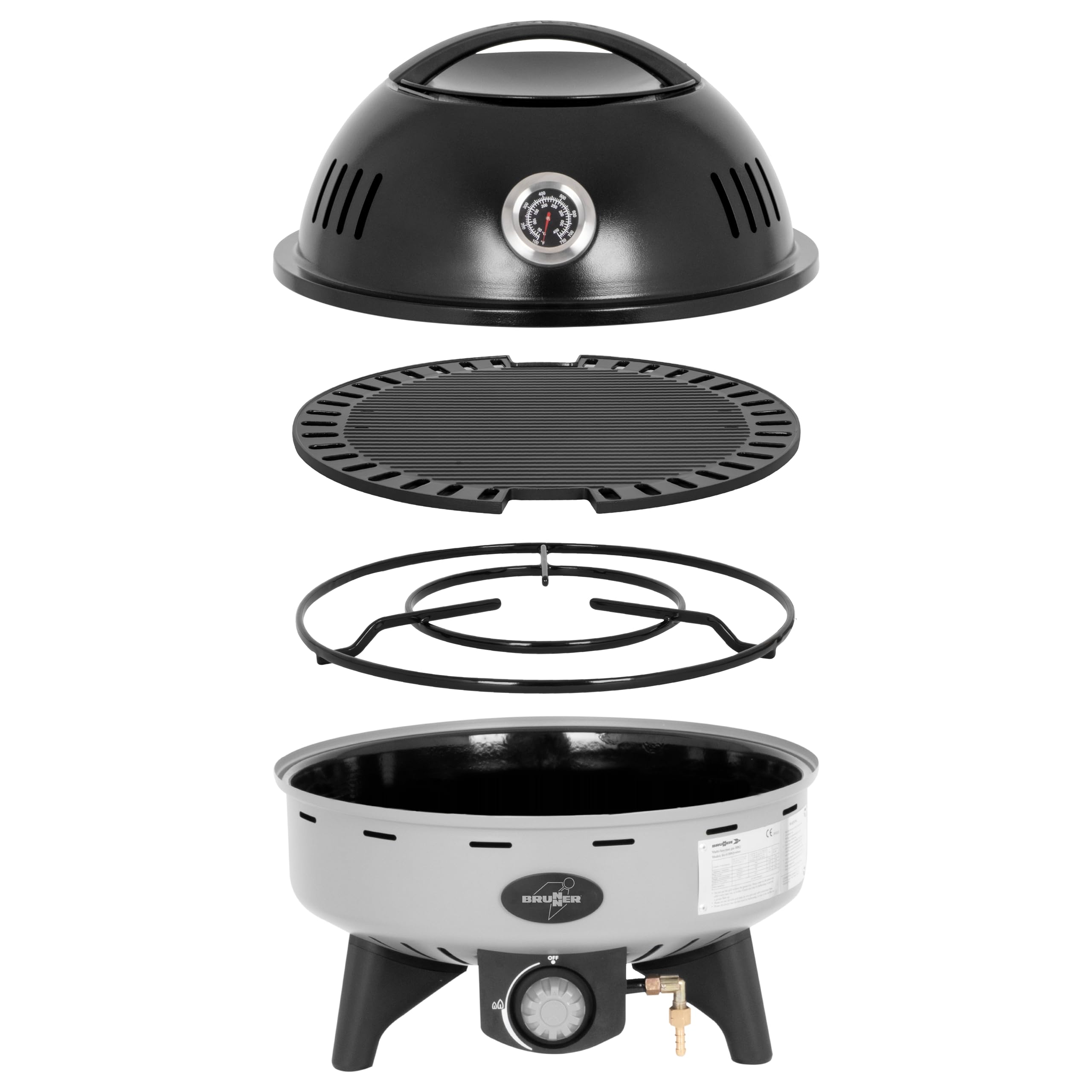 BRUNNER Przenośny grill gazowy BBQRUISER HT 30 mbar, pokrywa z termometrem, regulowana i zdejmowana - Zapłon piezoelektryczny - idealna do grillowania, mięsa, ryb i warzyw