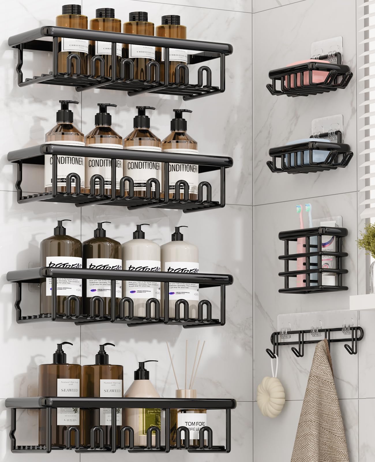 zeawc 8 Pack Adhesive Rustproof Shower Caddy