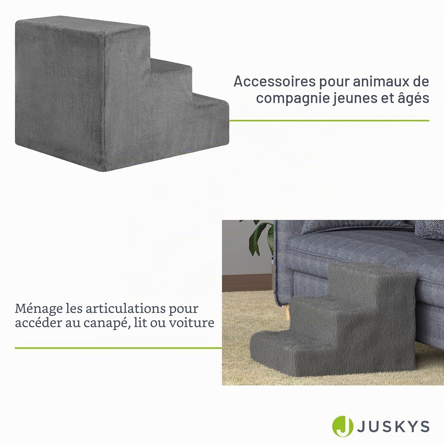 Juskys escalier pour Animaux de Compagnie escalier pour Chiens 36 cm - 3 marches Housse en Peluche Lavable - escalier pour Chats Rampe pour Chiens pour lit, canapé, Divan et Voiture - Housse Grise