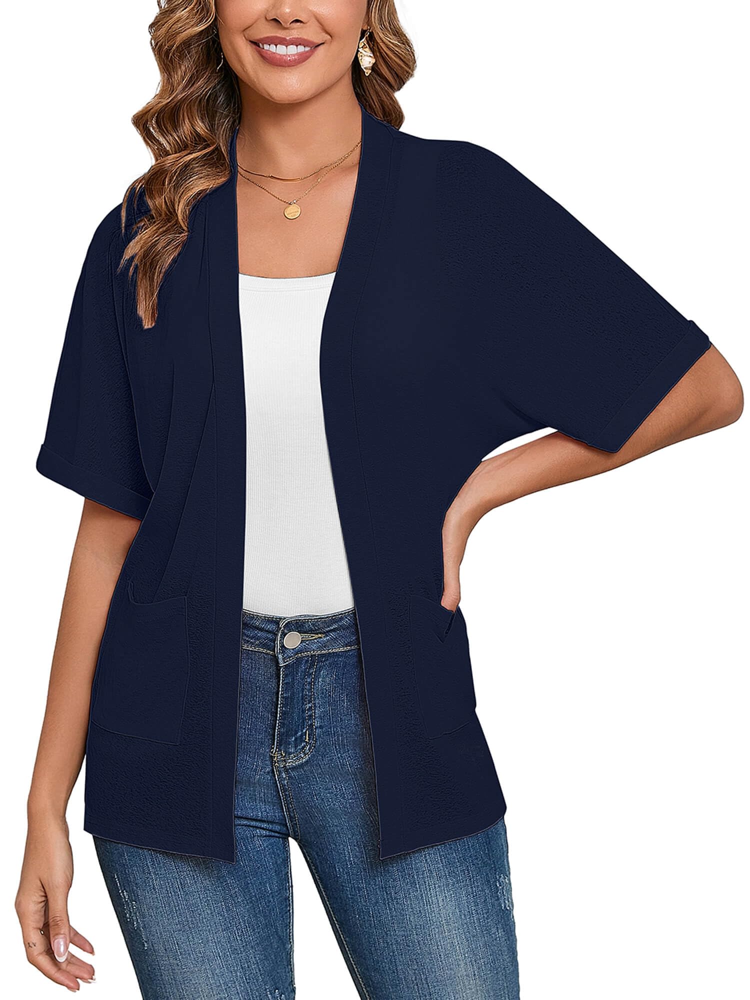 Heymoments Women's Lightweight Open Front Cardigans Short Sleeve Casual Soft Knit Cardigan Sweaters with Pocket S-2XL