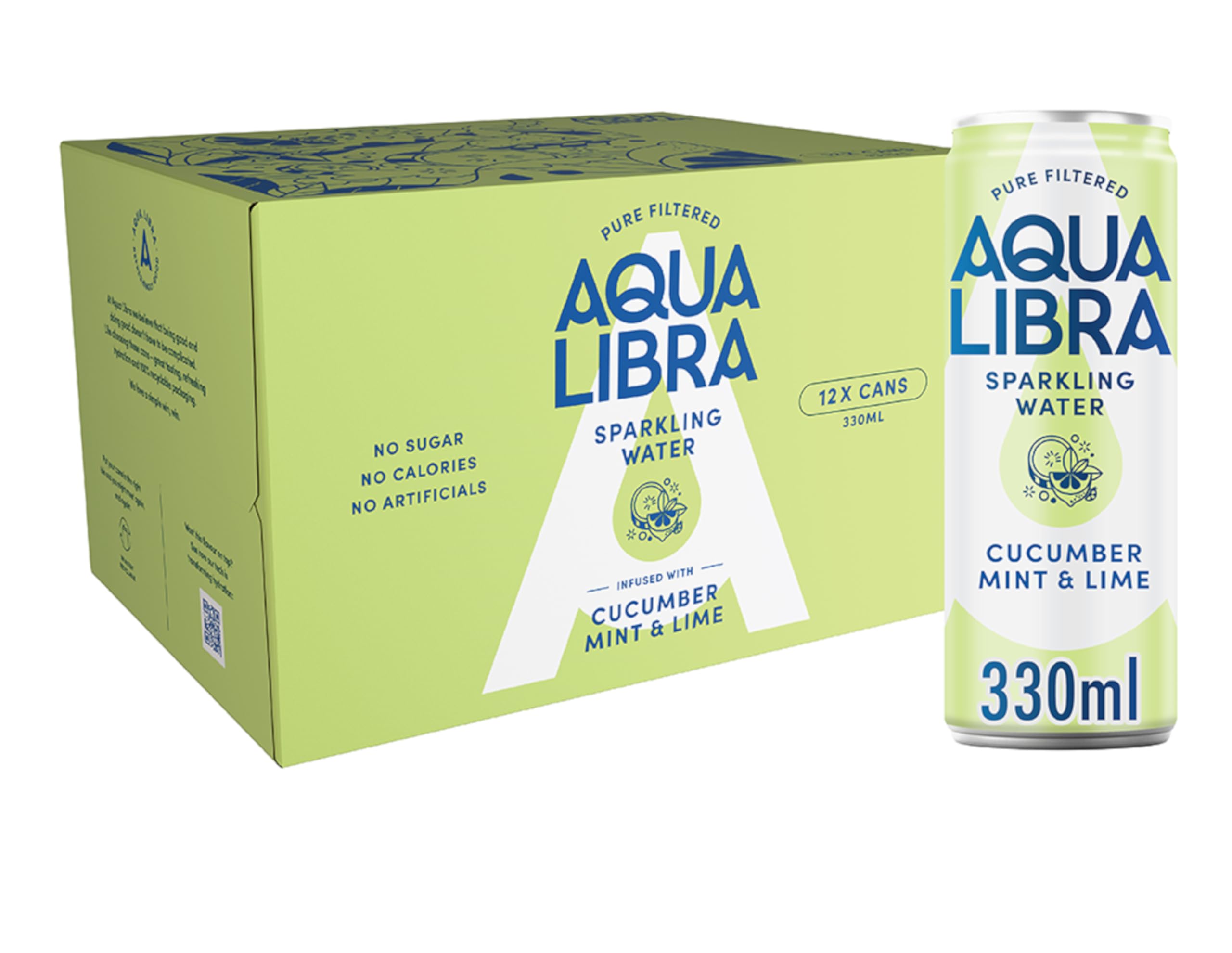 AQUA Libra Sparkling Water, Sugar Free Fruit Water, No Sugar, No Calories, Cucumber, Mint & Lime, 330 ml Pack of 12