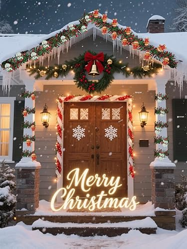 Miniatura 6 de Paquete de 2 guirnaldas metálicas de Navidad, guirnalda colgante con muñeco de nieve y hombre de jengibre, adornos de Navidad impermeables para