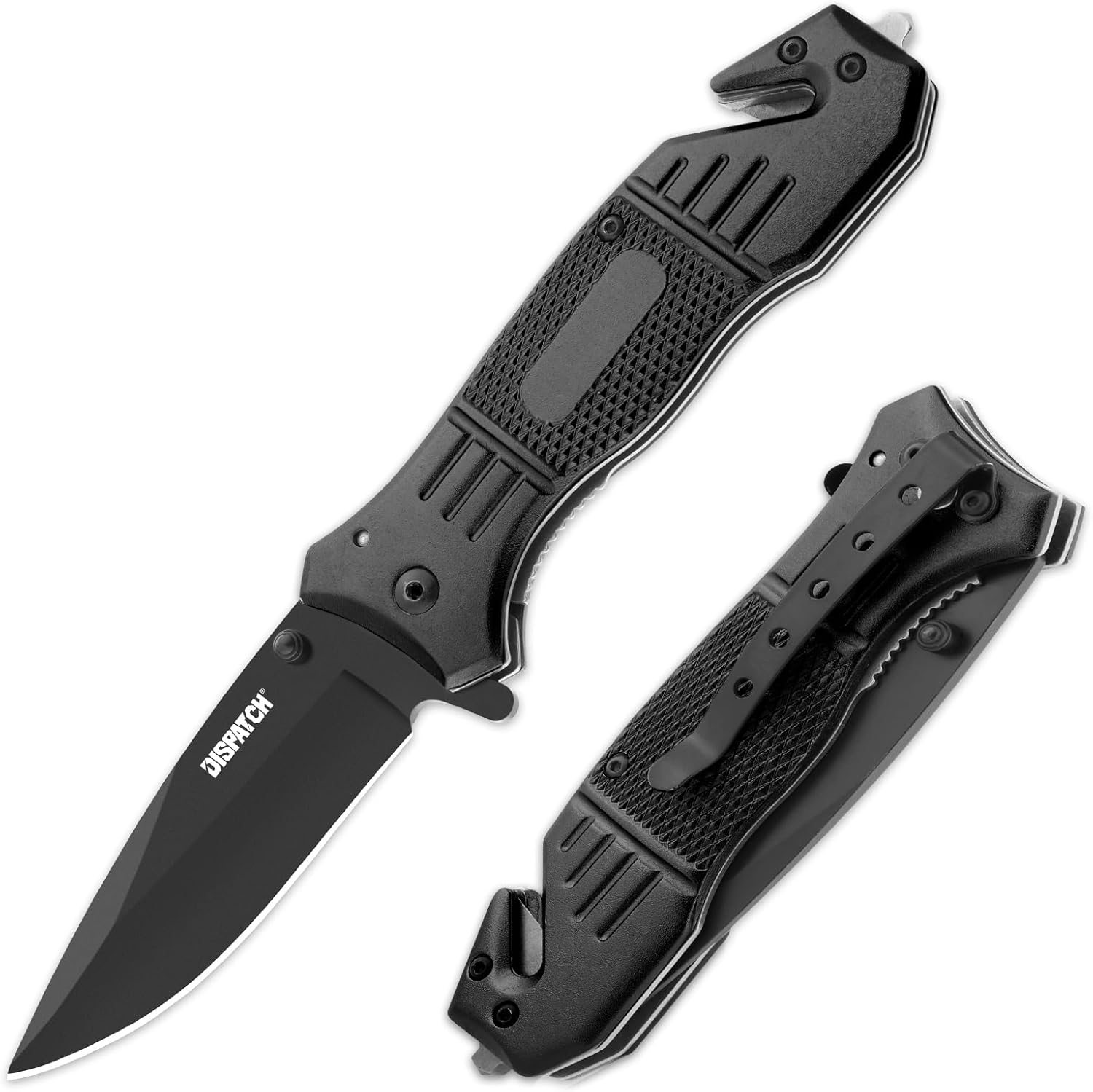 Dispatch Spring Assisted Pocket Knife with Glass Breaker and Seatbelt Cutter, 3.5 Inch 3Cr13 Steel Drop Point Blade with Aluminum Handle, EDC Folding Knife with Clip Flipper Knives for Men