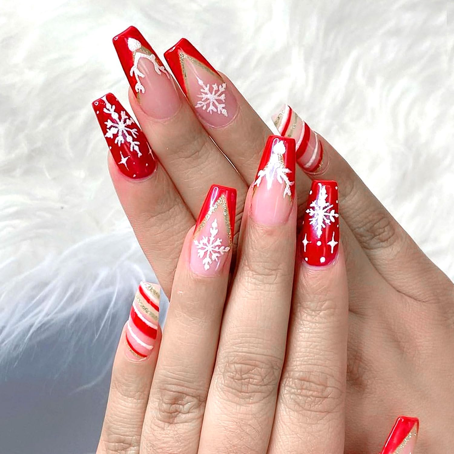 Christmas Press On Nails Medium Coffin, 24Pcs Xmas Fake Nails Red French Tip Anlter White Snowflake Striped Design Full Cover Reusable Stick On Nails for Women Girls