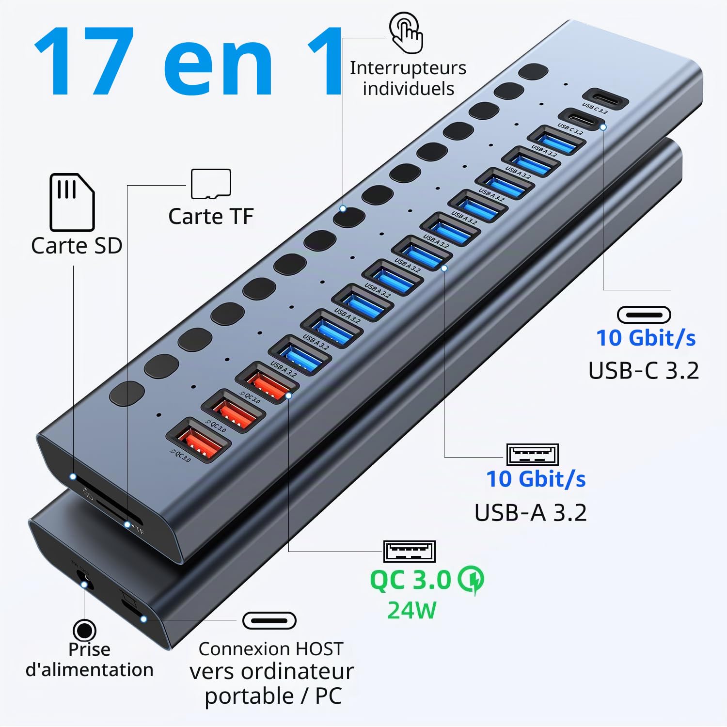VANGREE Hub USB Alimenté 10Gbps, 17 Ports USB 3.2, Adaptateur 96W | 10x USB-A 3.2, 3x QC 24W Charge Rapide, 2x USB-C 3.2, SD/TF, Adaptateur 12V/8A pour PC Portable, PC, HDD, Clé USB