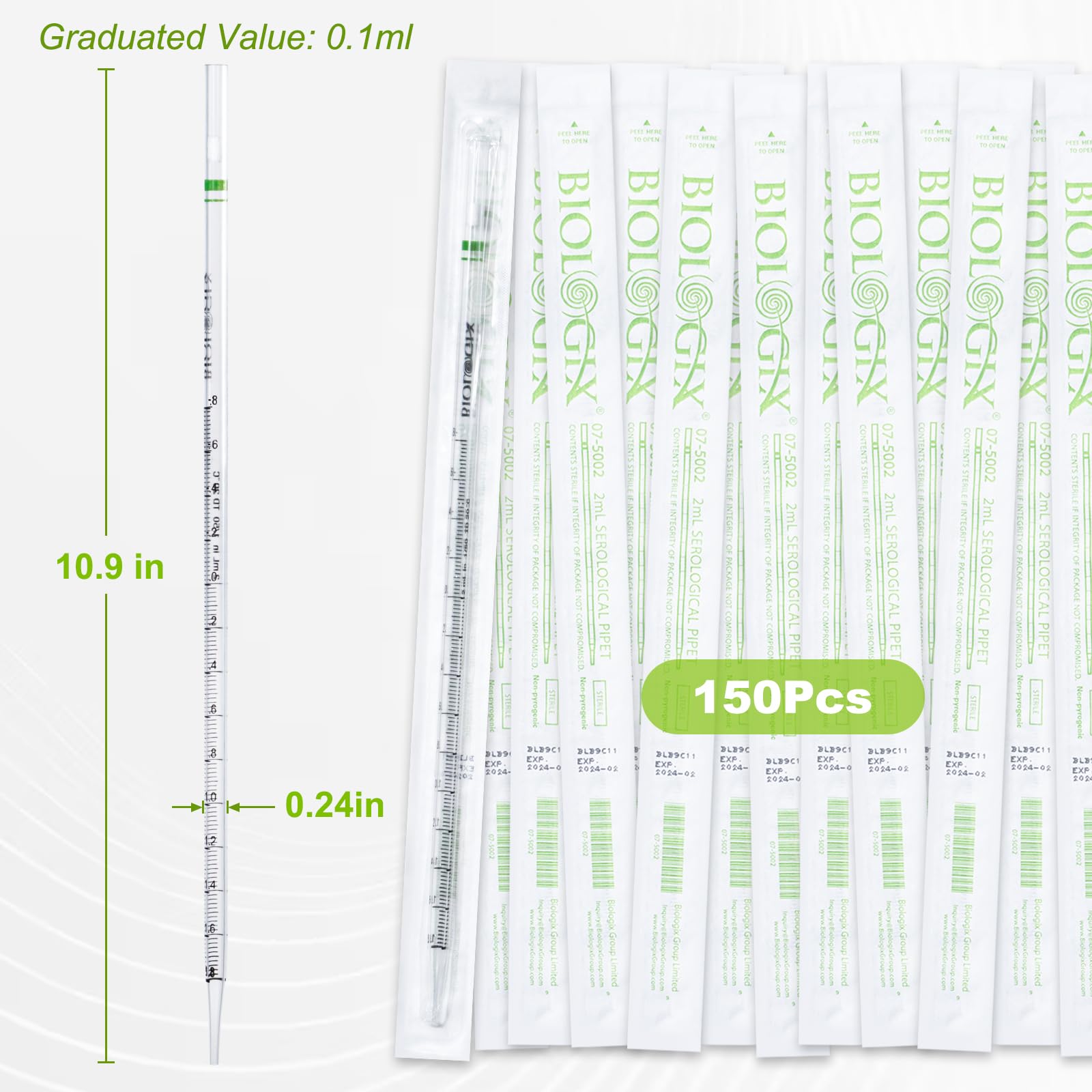 Lot de 150 pipettes sérologiques en polystyrène de 2 ml, stériles, transparentes, emballage indépendant