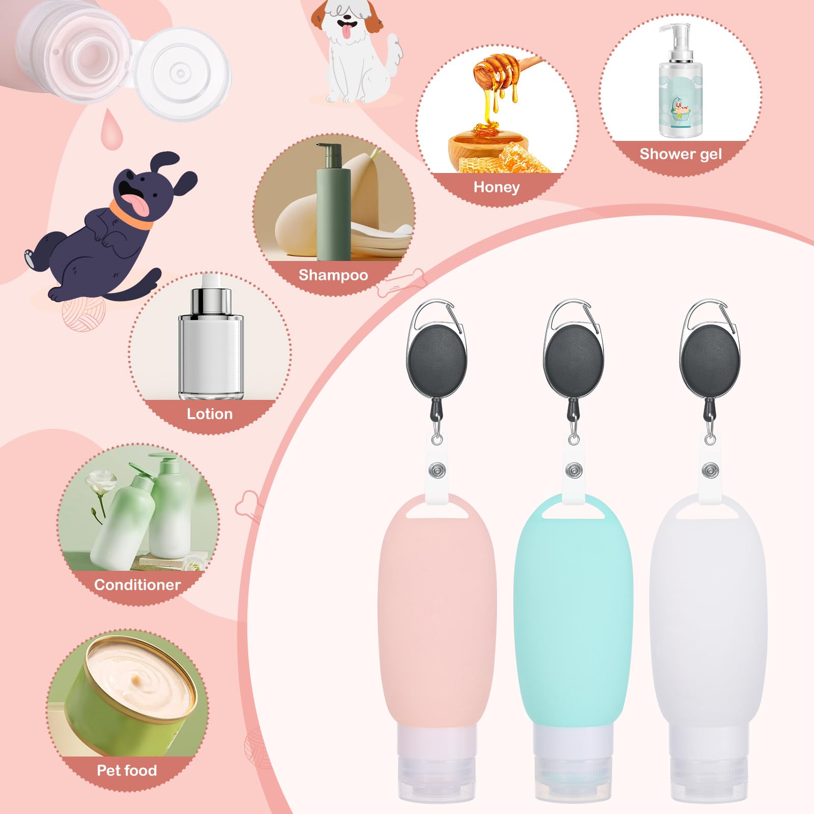 3 szt. tuba do karmy dla psa, 90 ml, silikonowe butelki podróżne do napełniania, z klamrą górską, tubka do napełniania, wielokrotnego użytku, do treningu psów