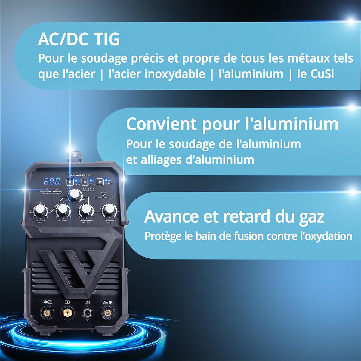 STAHLWERK Poste à souder combiné 2-en-1 AC/DC TIG 200 ST – TIG & MMA (ARC) jusqu'à 200 A, amorçage HF, Hotstart, Anti-Stick, mode 2T & 4T, soudage AC TIG pour aluminium, technologie IGBT