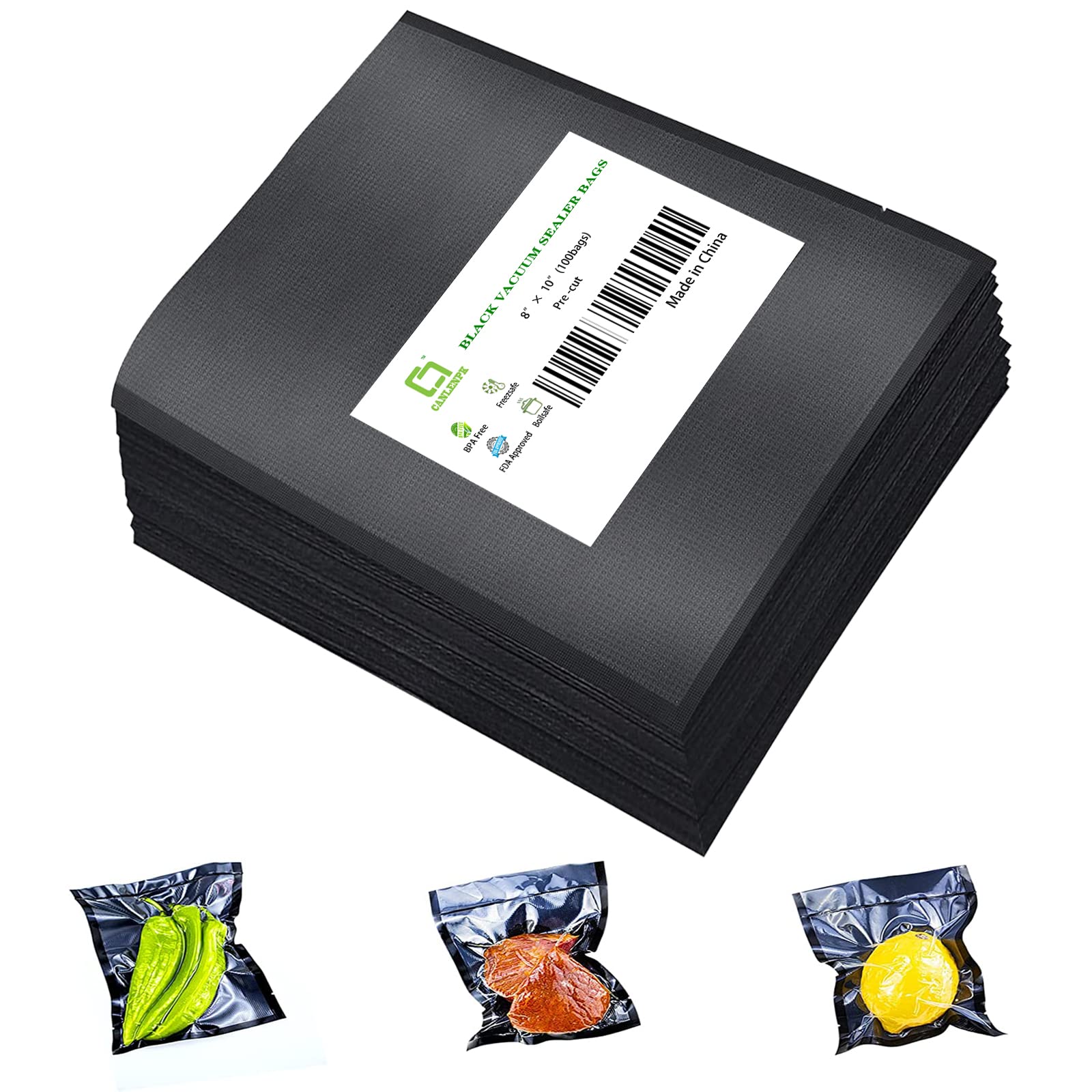 CANLENPK - Bolsas de sellado al vacío de 20 x 25 cm, parte trasera negra y parte delantera transparente, bolsa de almacenamiento de alimentos, sellado de comida, aperitivos, frutos secos, hervir vapor