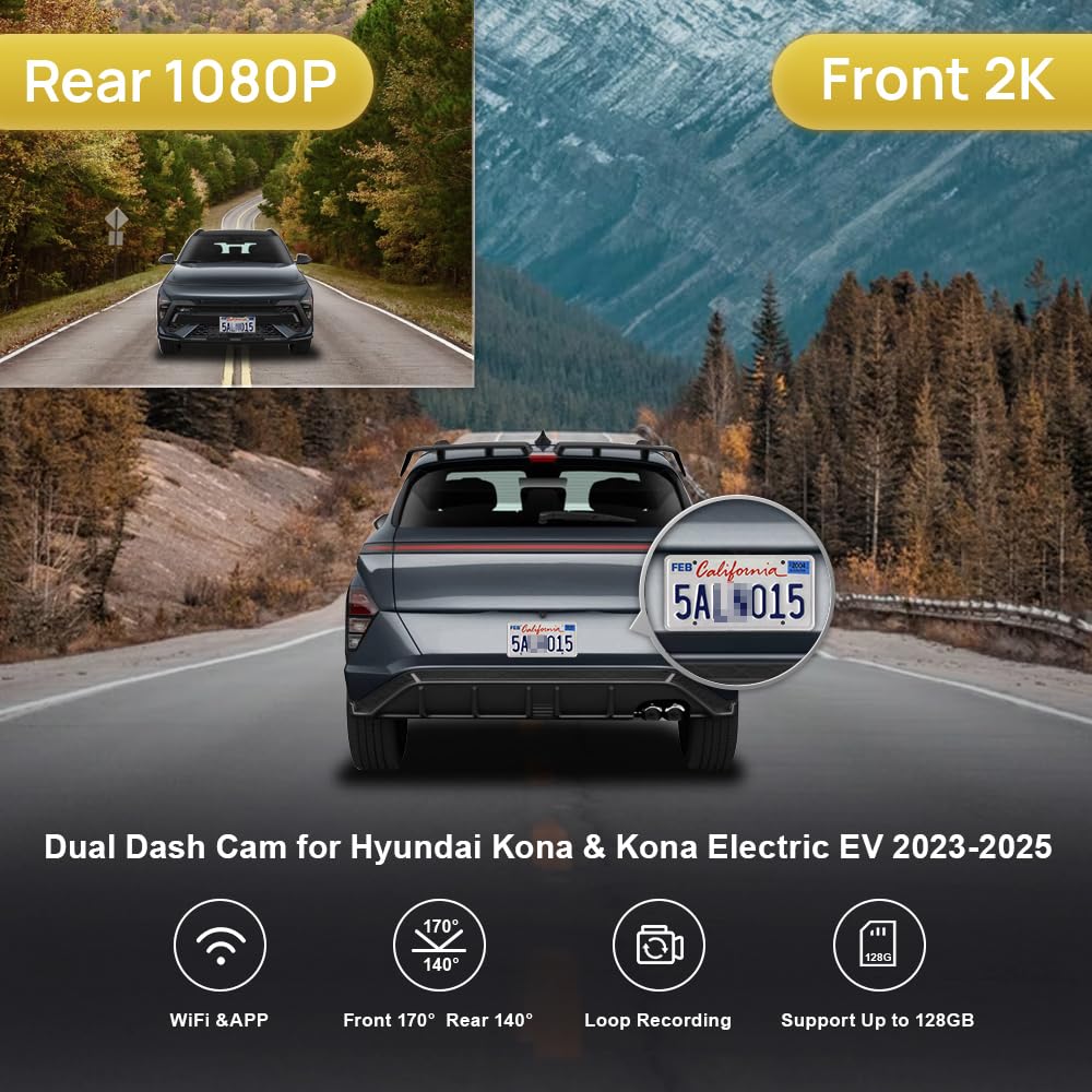Fitcamx Front 2K+Rear 1080P Dash Cam Adapts for Hyundai Kona 2023-2025 & Kona Electric (Part No#BE010), OEM Style, Dual HD Video, WiFi Connect & APP, Loop Recording, G-Sensor, Easy to Set, 64GB Card