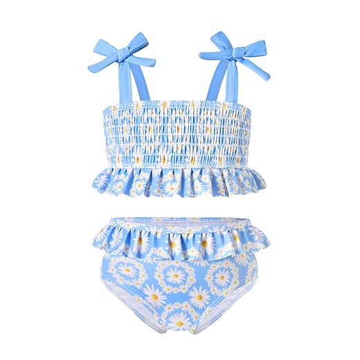 Happy Town Biquíni infantil de duas peças com listras de flores lisas, roupa de banho de verão e praia 18M-5T