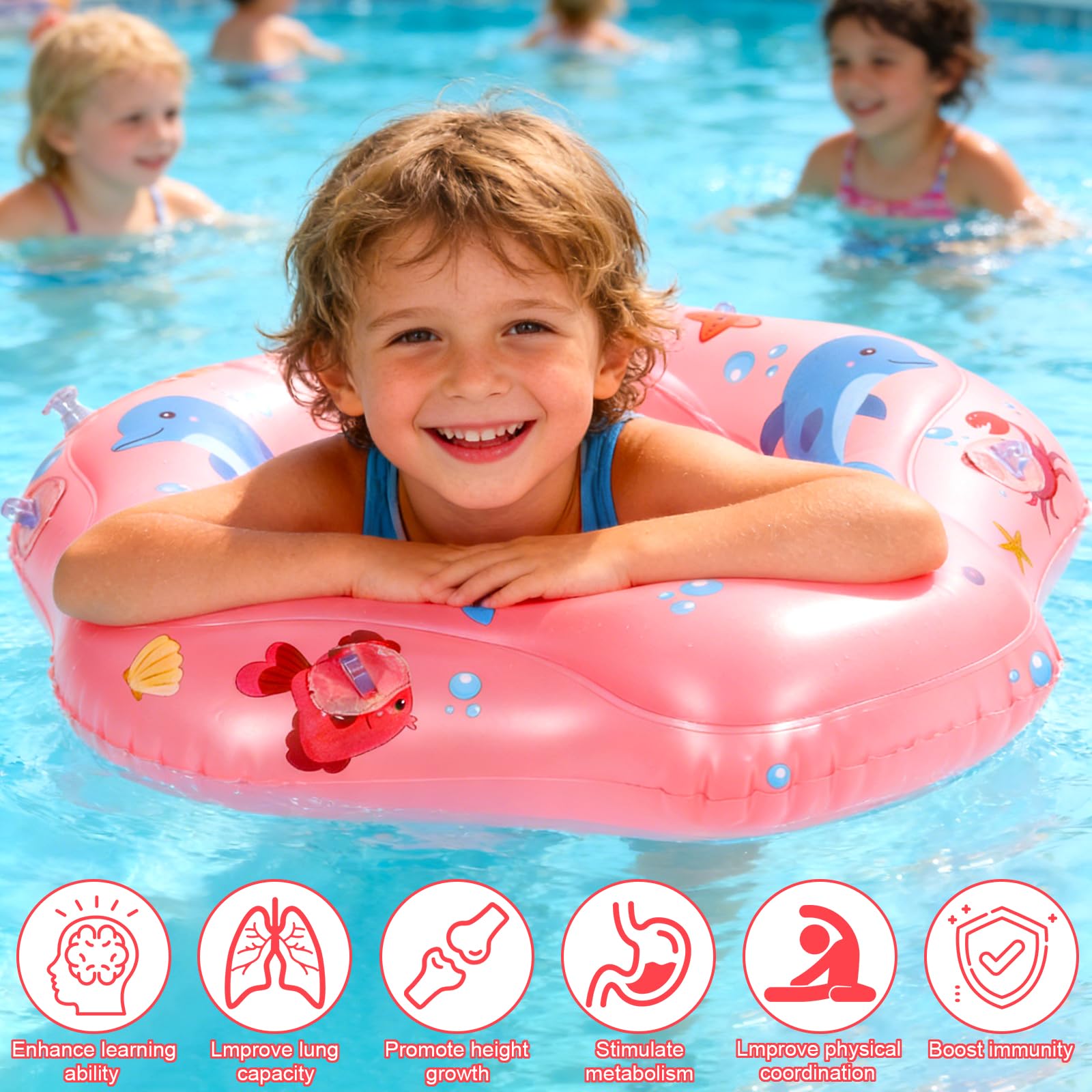Flotador de Bebe Inflable para 3-36 Meses, Flotador Bebe con Sombrilla y Asiento de Seguridad, Banda de Natación para Bebés, Protección UV UPF 50+, Adecuado Bebe para 5-15 KG(Rosa)