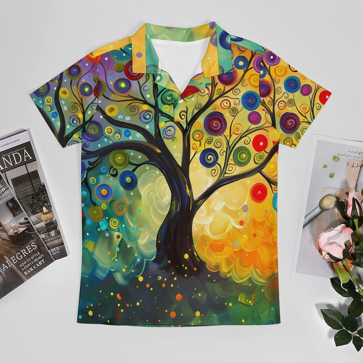 Colorful Tree Swirls Bubble Painting Novelty Men's Short Sleeve Shirt Golf Tennis Shirts Work T-Shirt Sport Tee