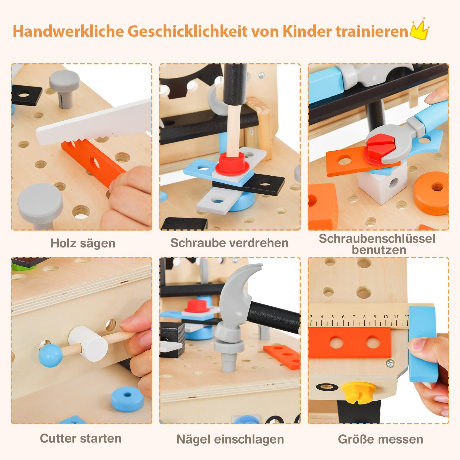 COSTWAY Werkzeugbank für Kinder, Werkbank Holz mit Tafel, hängendem Werkzeugständer & Zubehör, Spielzeug-Werkbank Werkstatt für Kinder ab 3 Jahren (Natur)