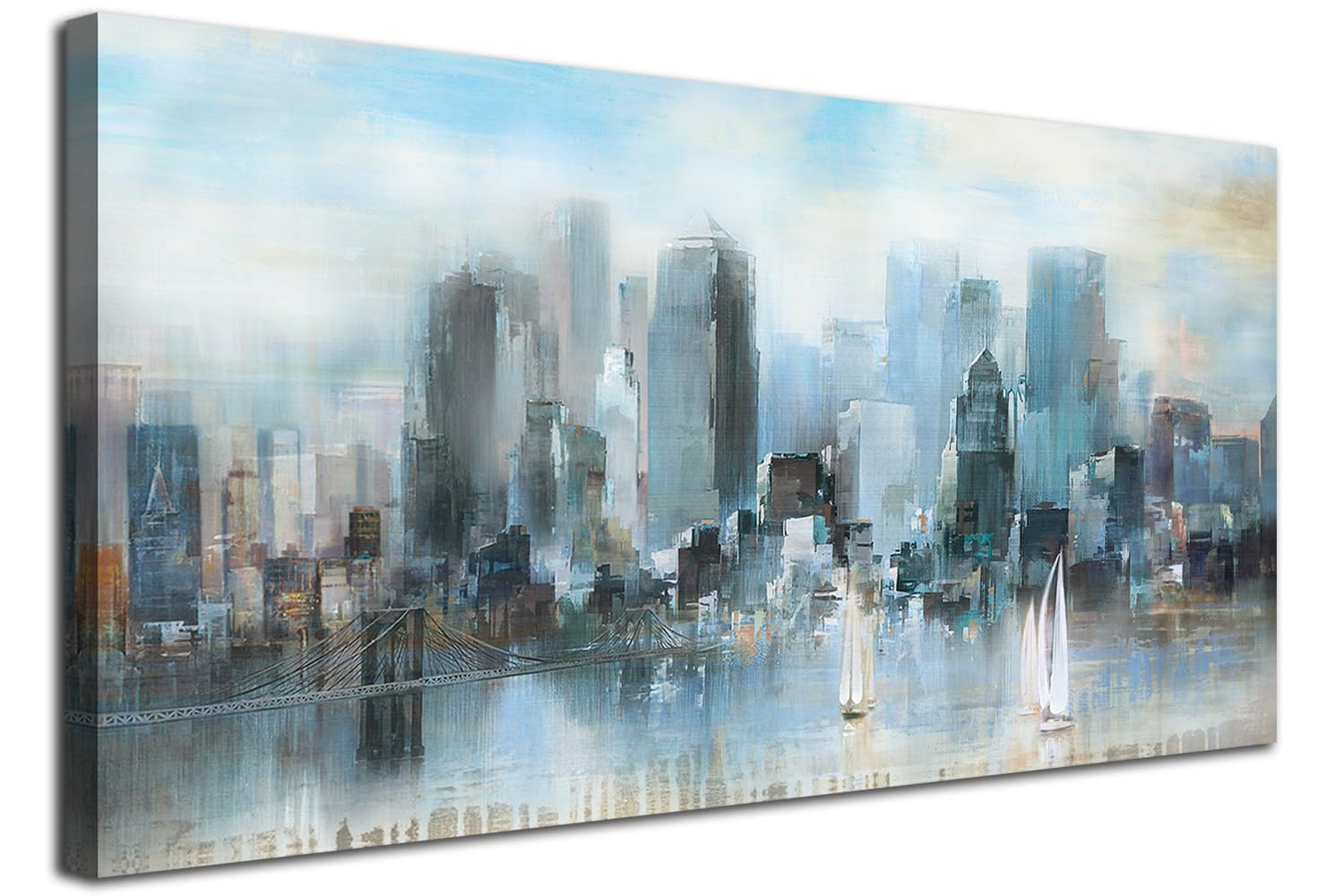 New York City Painting Abstract Cityscape Canvas Brooklyn Bridge Wall Art, Modern Print Skyline Seascape Picture Textured Artwork Framed for Living Room Bedroom Office Home Decor Large 40"x20"