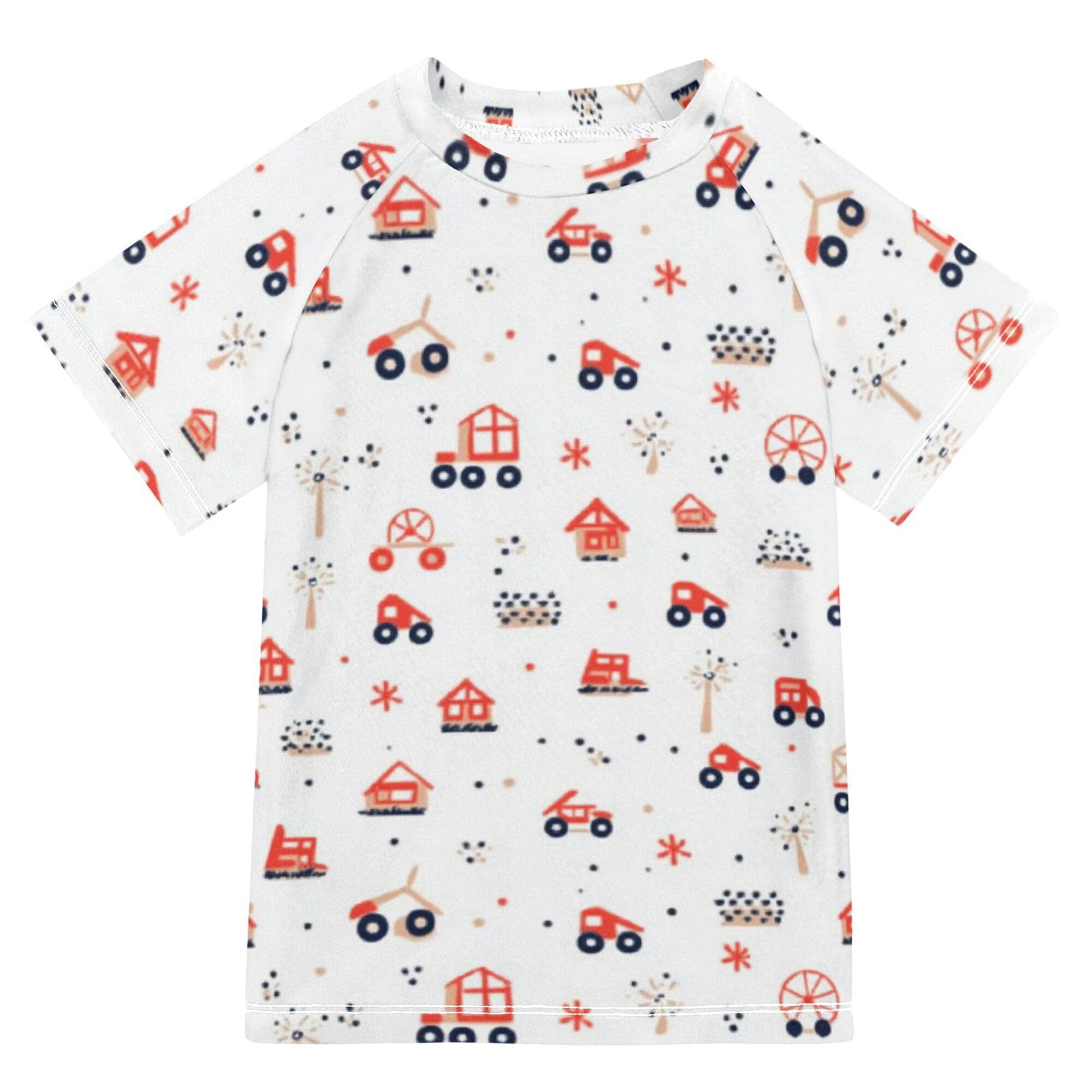 Wudan Cute Tractor Farm Mill Trailer Bathing Suit Kids Short Sleeves Childrens Bathing Suits Swimwears Sports Shirts for Youth Boy 11-12Y