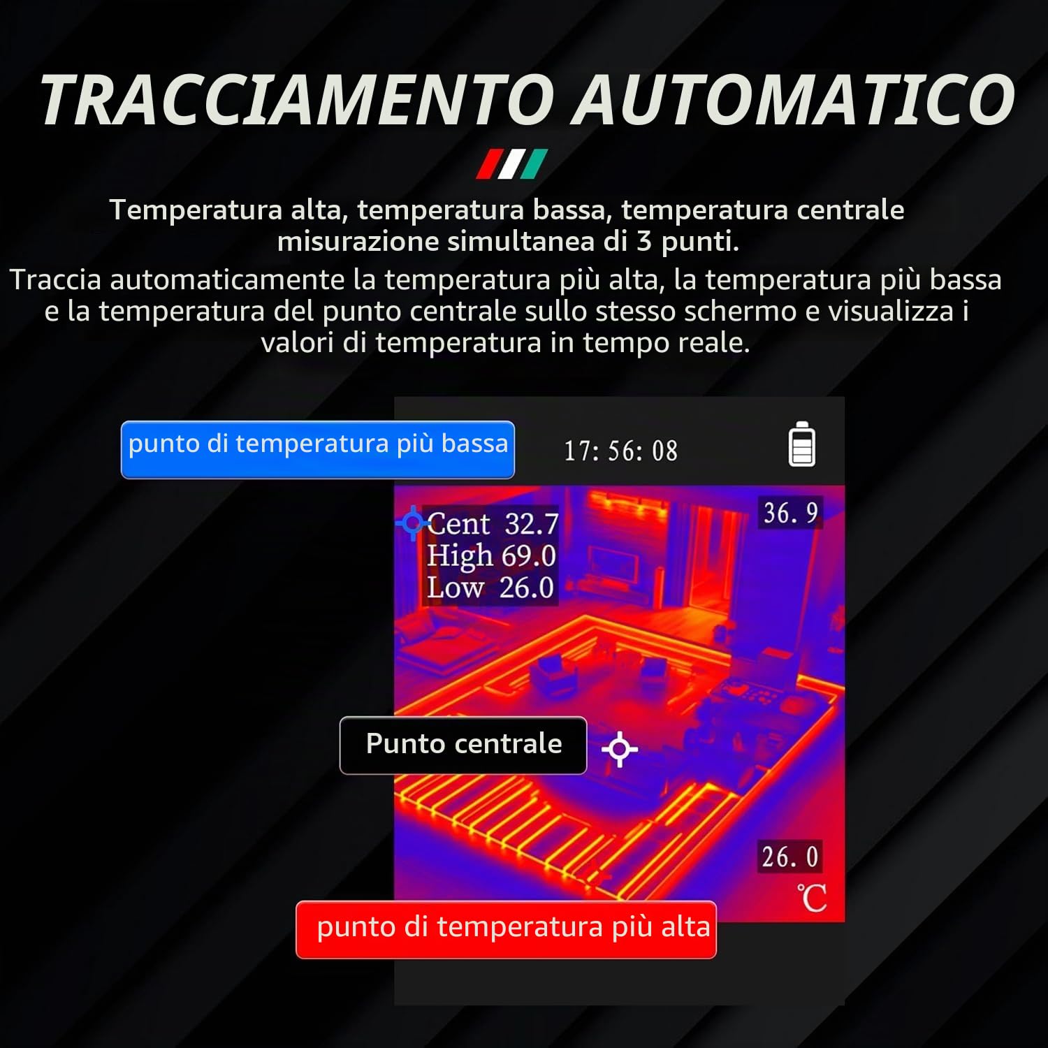 Termocamera, termocamera a infrarossi -20℃~550℃, risoluzione IR 96 x 96, 25 Hz, campo visivo 50°, TFT-LCD da 2,4 pollici, batteria da 8 ore per ispezioni industriali, elettricità e antincendio