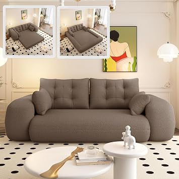 Foldable Lazy Sofa Bed, Teddy Upholstery Human Dog Bed, 3-in-1 Convertible Sleeper Sofa Bed Foldable Floor Couch with 4 Pillows for Living Room Playroom, No Assembly, Brown