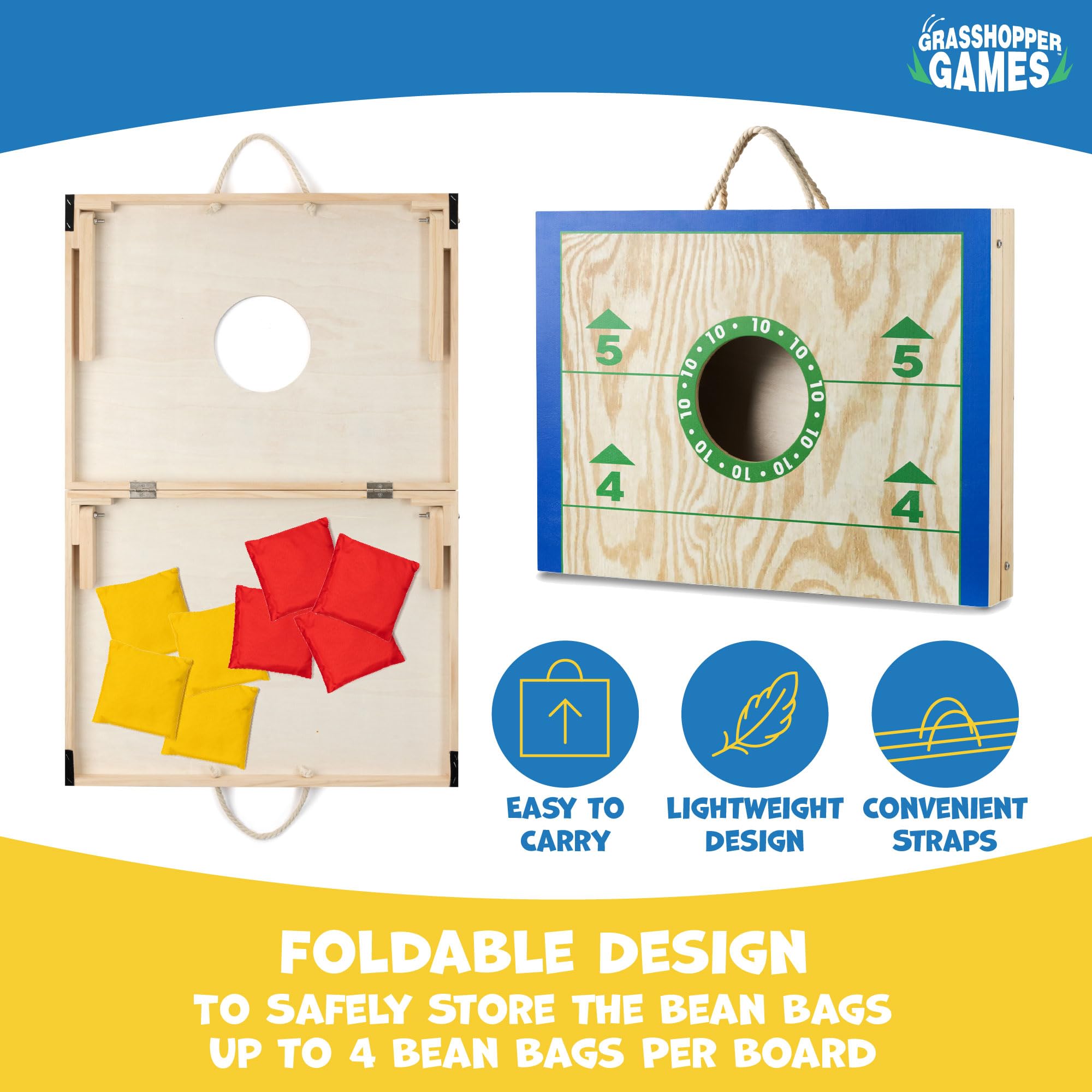 Grasshopper Games Cornhole Set, FSC Holz Faltbretter mit Tragegriffen, Sitzsack Wurfspiel mit 8 Beuteln, Familie Outdoor Garten Spiel für alle Altersgruppen