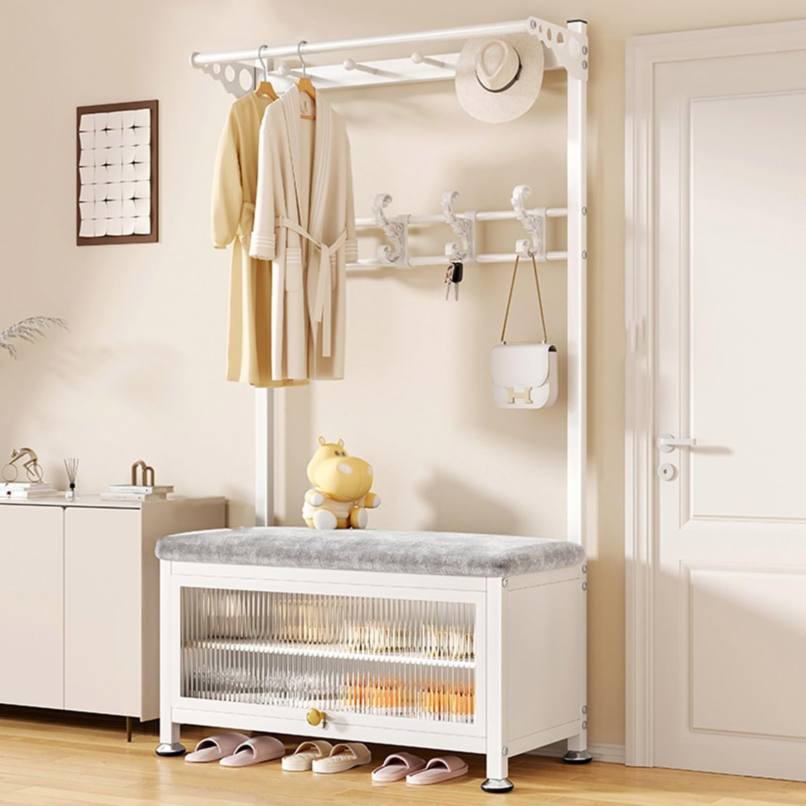 MSHGSKU Entryway Bench with Coat Rack and Shoe Shelf 80 cm White Storage Bench for Hallway Bedroom Foyer Living Room Stylish nization Solution