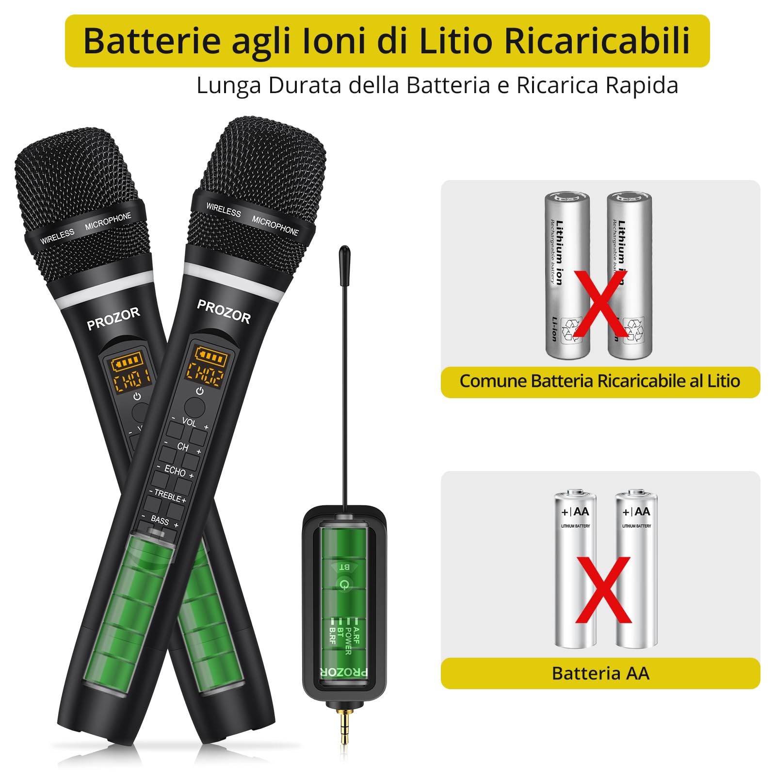 PROZOR Microfono Wireless UHF con Volume Controllo Microfono Ricaricabile Senza Fili Sistema Microfonico Dinamico Portatile Doppio con Ricevitore Ricaricabile per Karaoke DJ Chiesa Matrimoni