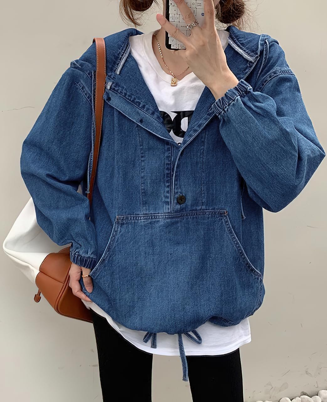 chouyatou Women Hooded 1/2 Button Down Pullover Denim Jacket Hoodie Boyfriend Casual Jean Sweatshirt Top - Image 3