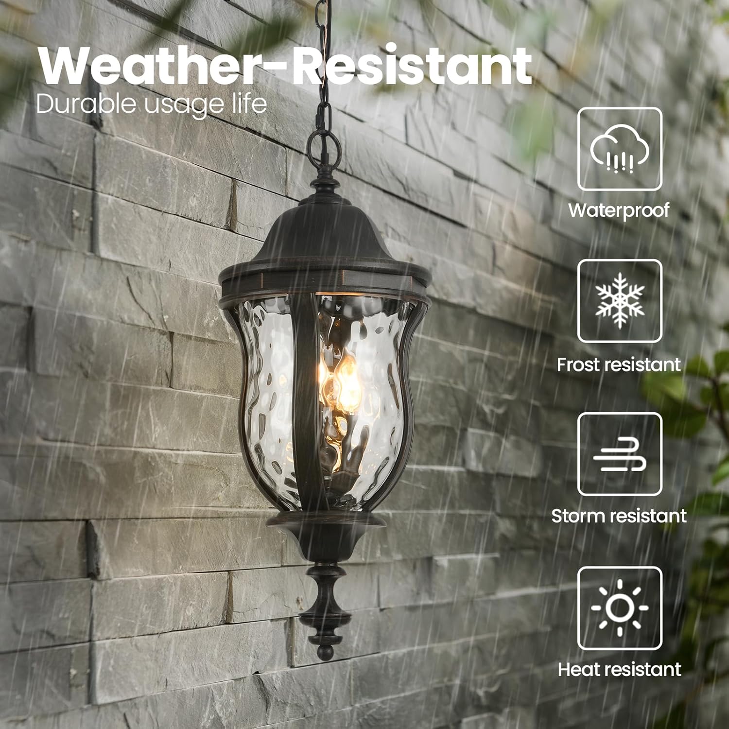 Large Outdoor Pendant Light Fixtures, 23.6'' Exterior Hanging Lantern Porch Light Adjustable, Black Brush Red Hanging Lamp Farmhouse Exterior Chandelier Ceiling Mount for Entrance Patio
