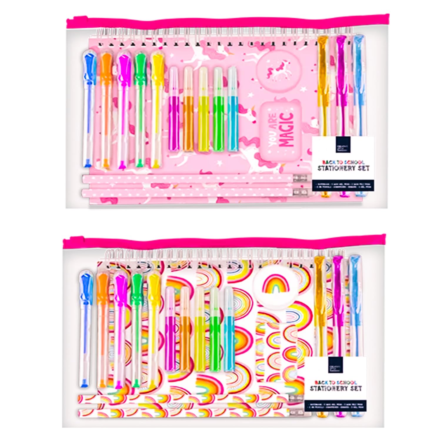 School Stationery Set, 18 Pieces with Notebook, Gel Pens, Felt Tips, Pencils and Accessories, Pencil Case with Stationery Includes Notebook, Glitter Pens Sharpener, Eraser Back to School (Unicorns)