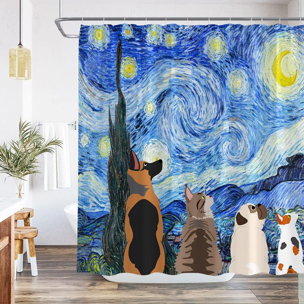 Starry Night Shower Curtain Funny Animal Dog Cat Watch The Night View Fabric with Hook 90Wx70H Inch