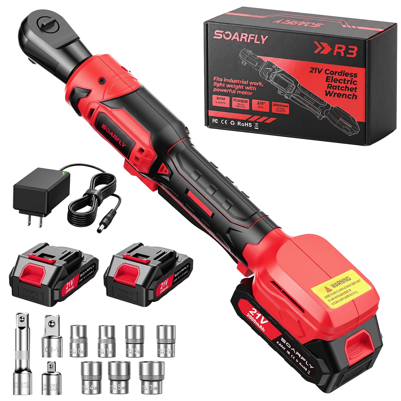 SOARFLY 3/8" Cordless Ratchet Wrench, 60 Ft-Lbs(80N.m) Electric Ratchet