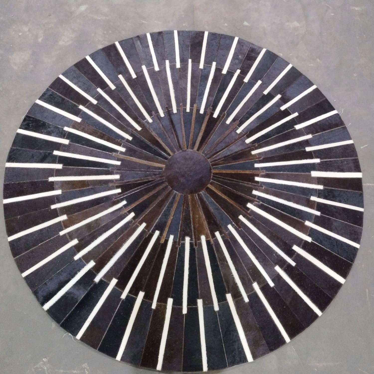 Cowhide Leather Round Area Rug | Stripe Patchwork Round Area Carpet for Bedroom, Dining Room, and Living Room Decor, Color: Cola Red (8×8 ft)