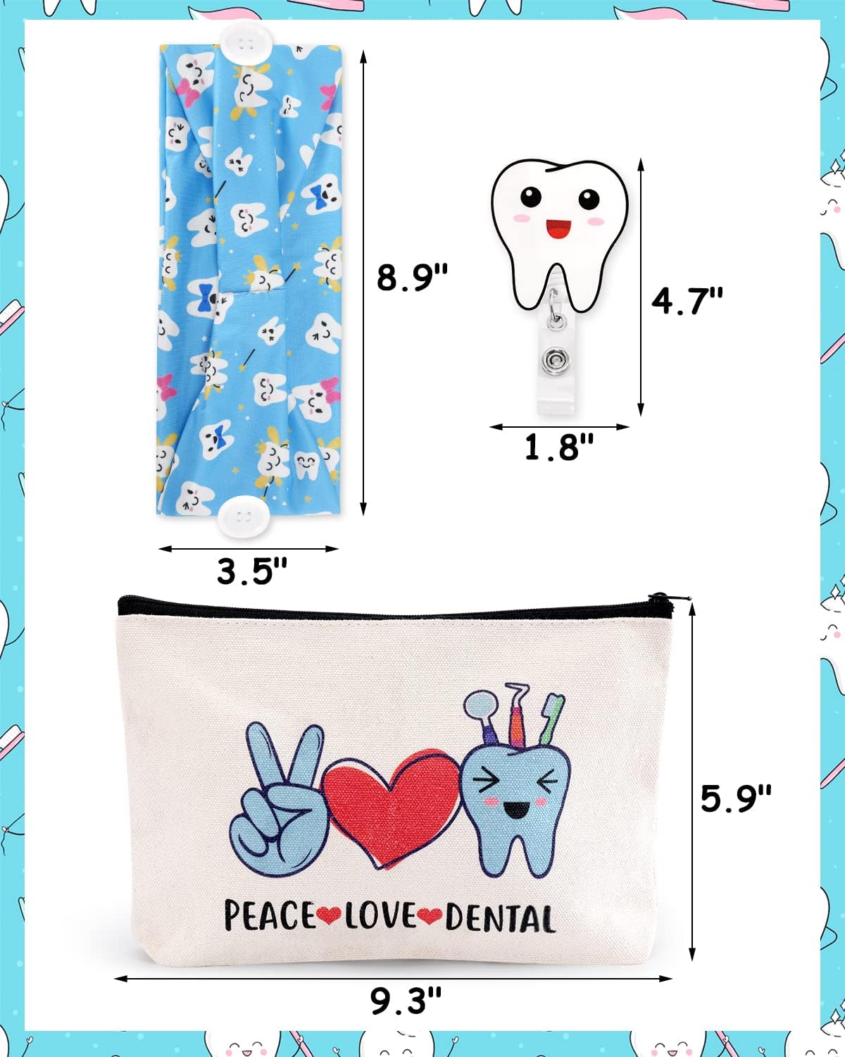 4PCS Dentist Gifts Dental Hygienist Accessories Headbands with Buttons Glitter Acrylic Badge Reel Retractable Teeth Makeup Bag Dentist Physician Appreciation Gift for Women Assistant Week Graduation