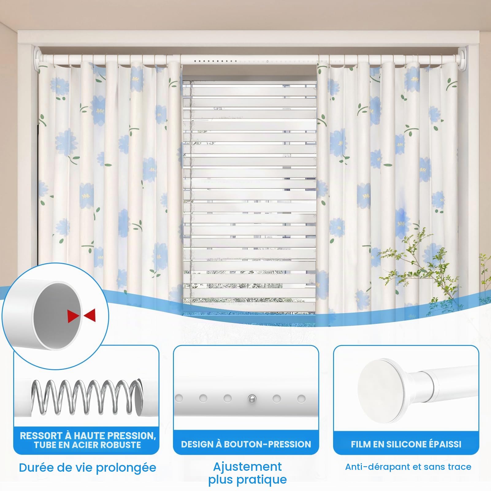 Tringle à rideau extensible de 98 à 330 cm, sans perçage, 32 mm, avec 2 bases murales, tringle télescopique en métal pour salle de bain et fenêtre - Blanc