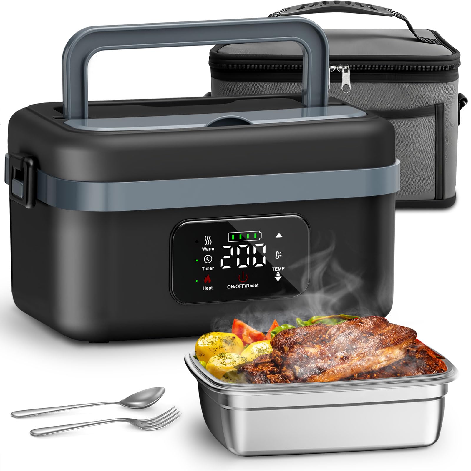 Angju Electric Lunch Box for Adults, Cordless Food Warmer with Timer & Adjustable Heating, Portable Food Heater with 1L Container,Rechargeable Self-Heating Lunch Box with Insulated Bag for Office Car