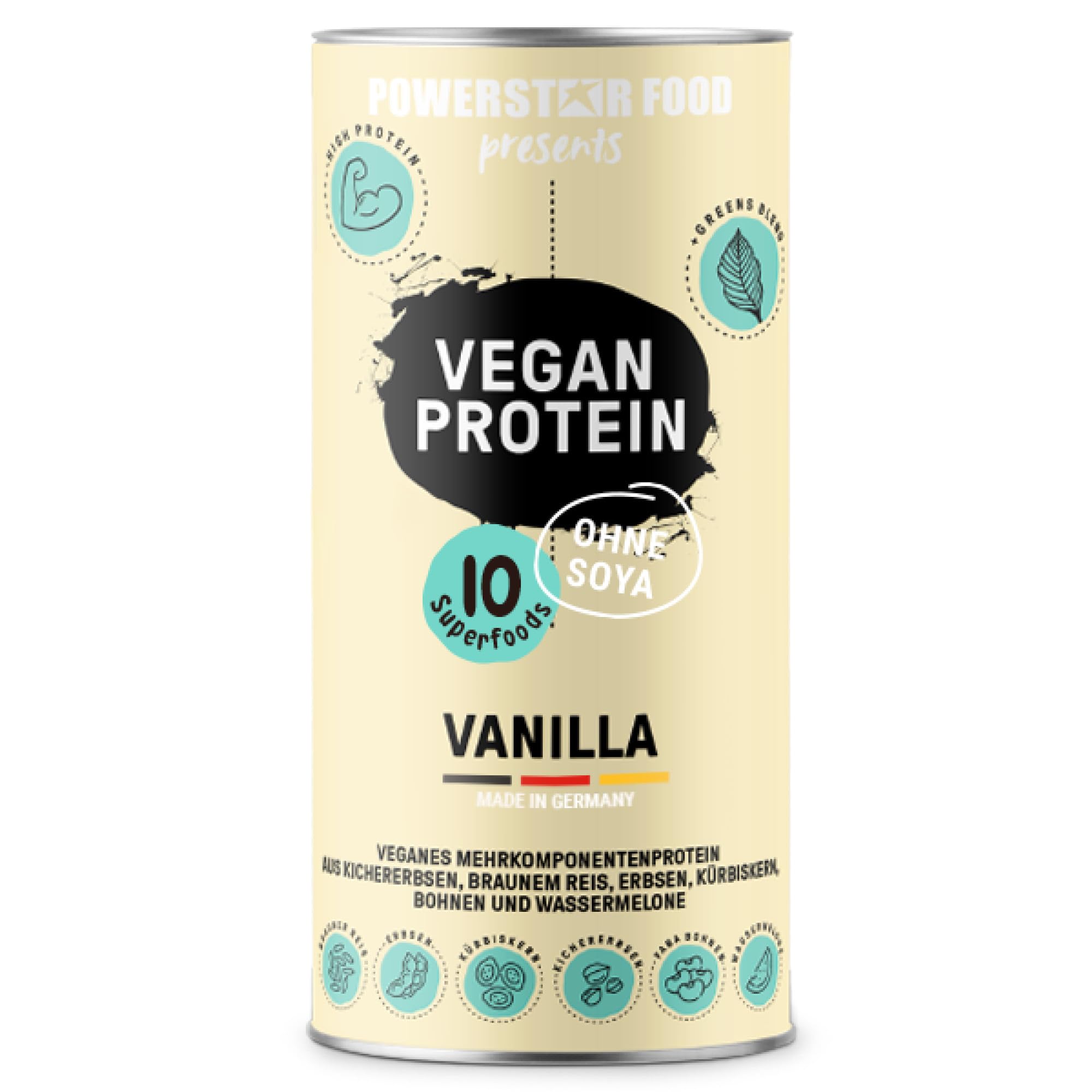 Powerstar PROTEINE VÉGÉTALE 500 g | Vegan protein powder sans soja | Poudre de protéines multicomposants enrichie de 10 superaliments | Fabrication en Allemagne | Musculaire | Vanille