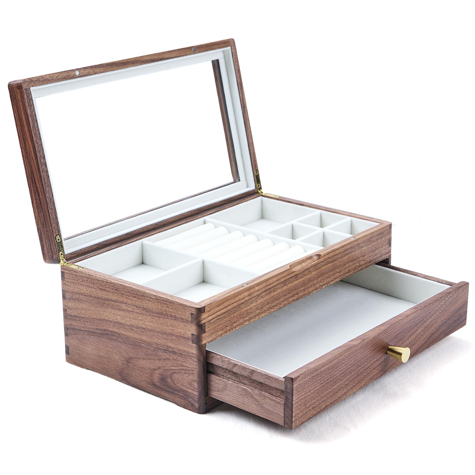 Beexchange Black Walnut Wooden Jewelry Box - Allwood, Handcrafted, Glass Lid 1 drawer. Gift for Women, Men, and Girls. Jewelry Organizer Storage(Double-Layer)