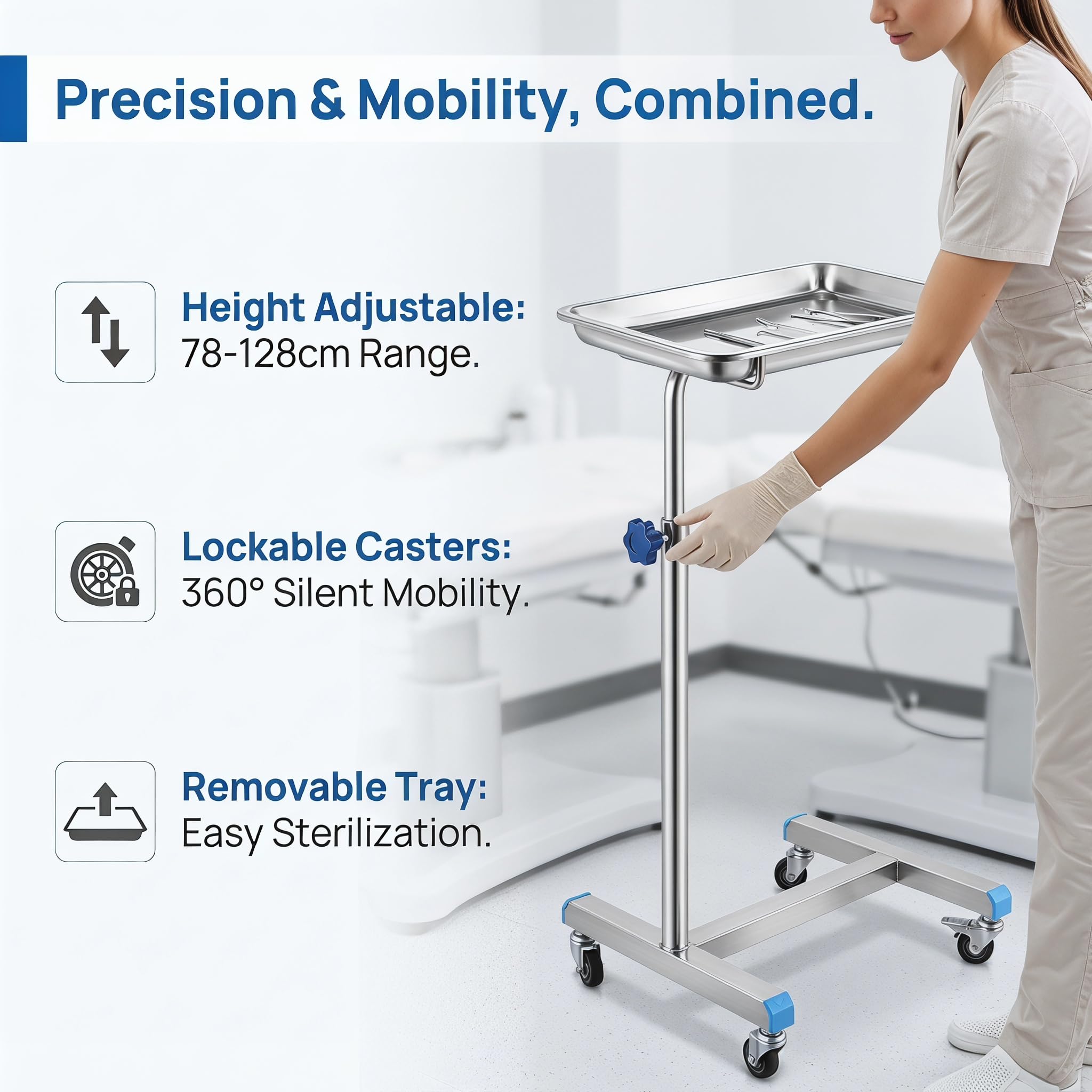 Carrello da Laboratorio Medico, Carrello Mobile a Palo Singolo con Base Zavorrata a H E Ruote Universali Silenziose a 360°, Altezza Regolabile 78-128 Cm, capacità di Carico 15-25 kg
