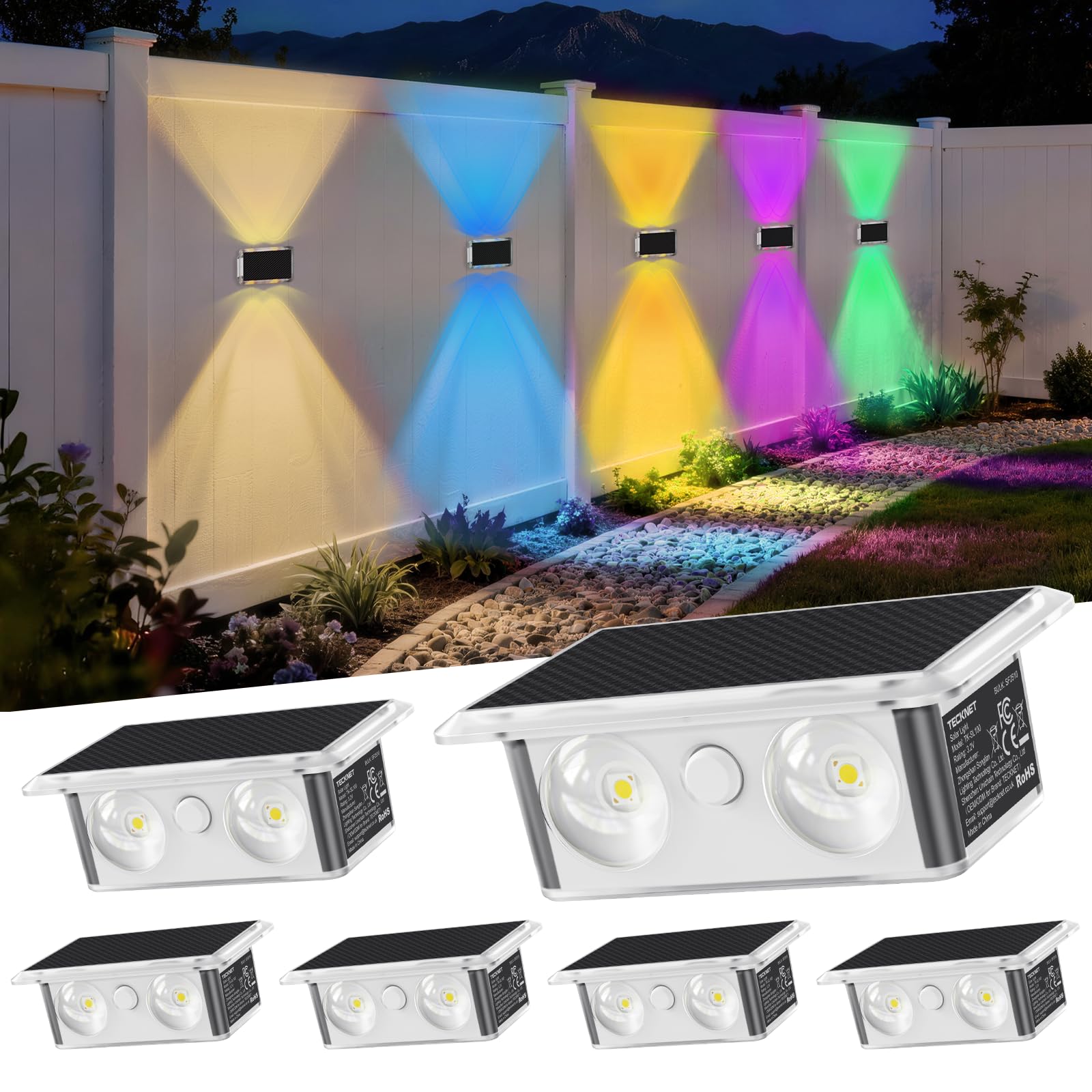 TECKNET Solar Fence Lights, Up Down Lights & 200°Wide Lighting, 8 Modes RGB Color Changing, 6 Pack, IP66 Waterproof Dual-Lens LED Decorative Lights
